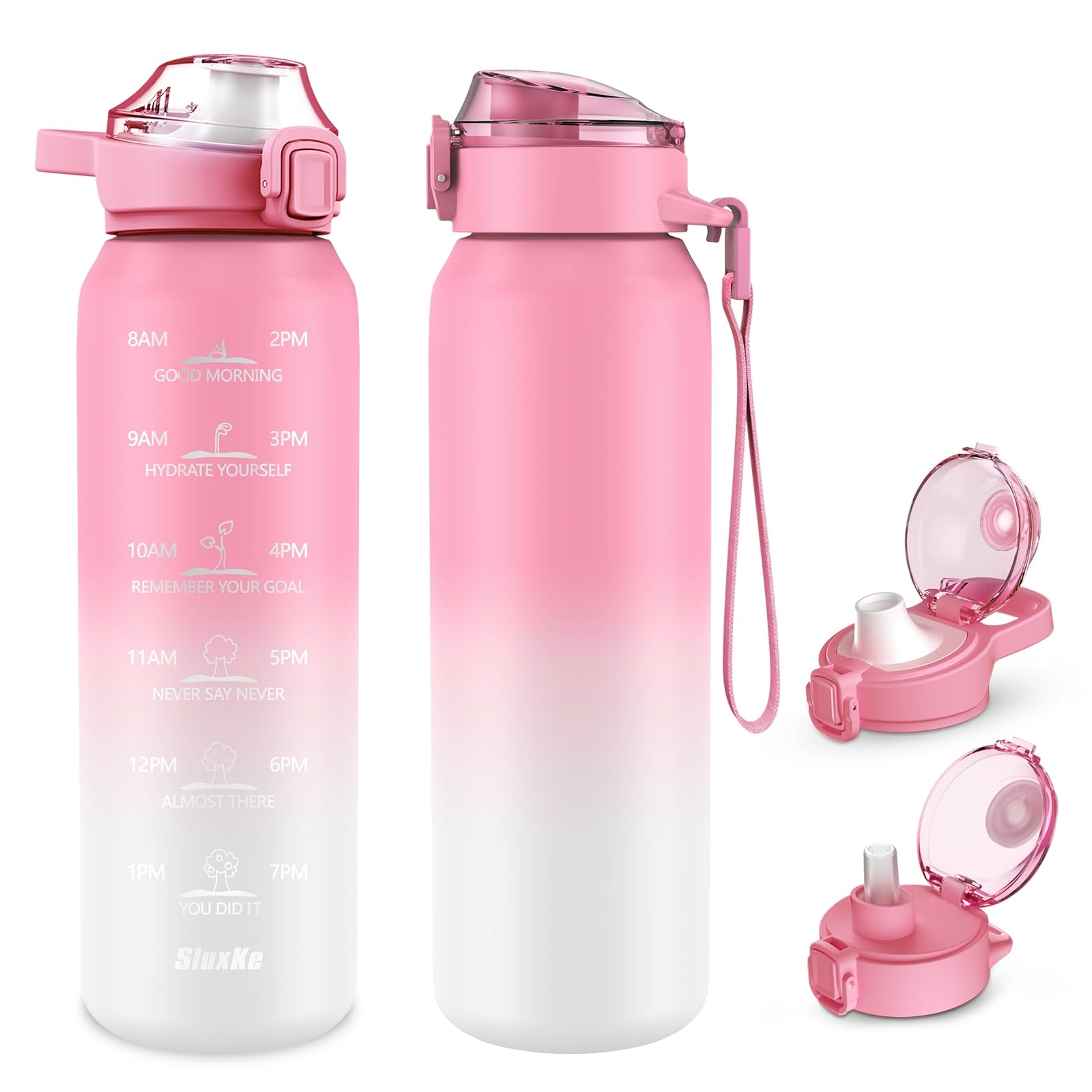 SLUXKE 24oz Insulated Water Bottle with Straw and Spout Lids, 18/10 Stainless Steel 700ml Double Wall Vacuum Sports Water Jug, L