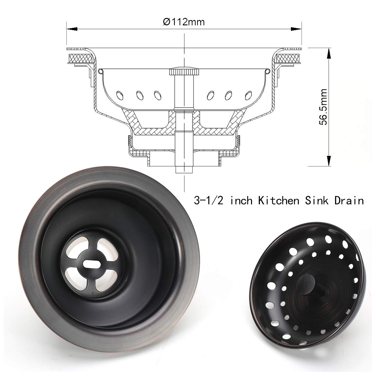KONE 3-1/2 Inch Kitchen Sink Drain ORB Assembly with Strainer Basket/Stopper  all Stainless Steel Durable and Rustproof Oil Rubbed Bronze