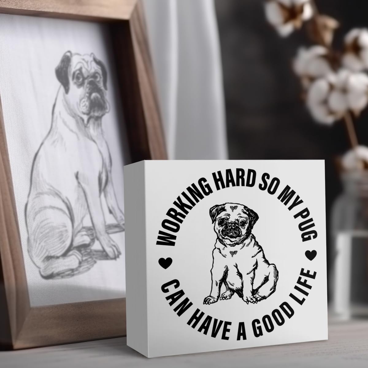 Pug Lover Decor Sign, Pug Lover Decoration for Home Pug Room Bedroom Living Room Table, Pug Sign Desk Decor, Pug Gifts for Women