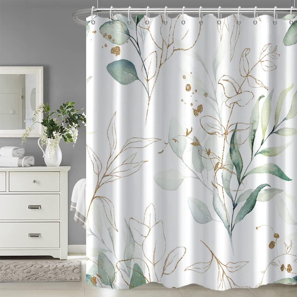 Ruelvth Sage Green Eucalyptus Shower Curtain, Spring Plant Leaves Shower Curtain Waterproof Fabric Watercolor Green And Gold Sho