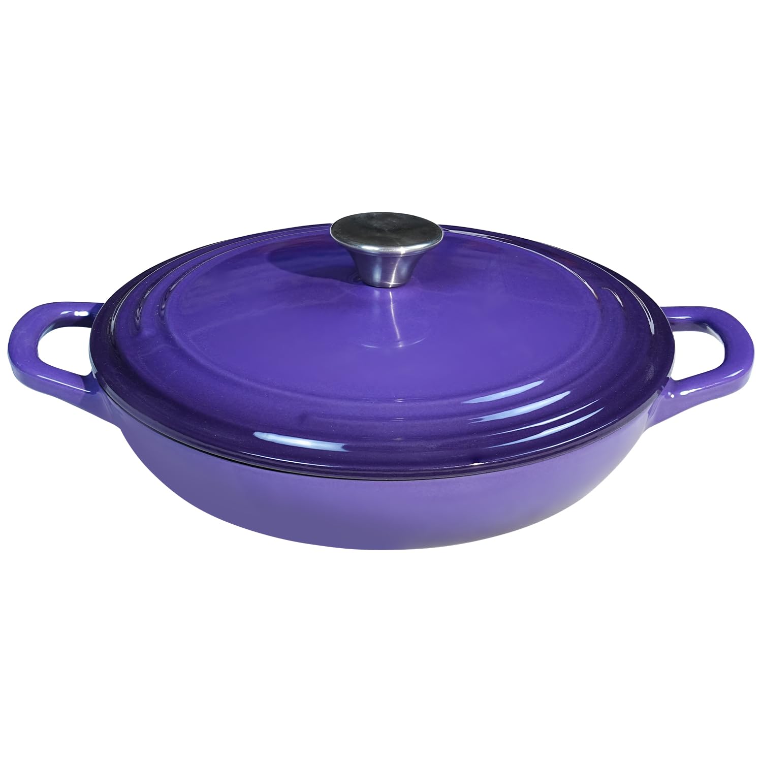 Flavehc Braiser Enameled Cast Iron Braiser 2.25 qt Braiser Pan with Lid Purple Shallow Cast Iron Casserole Braiser Pan with Hand