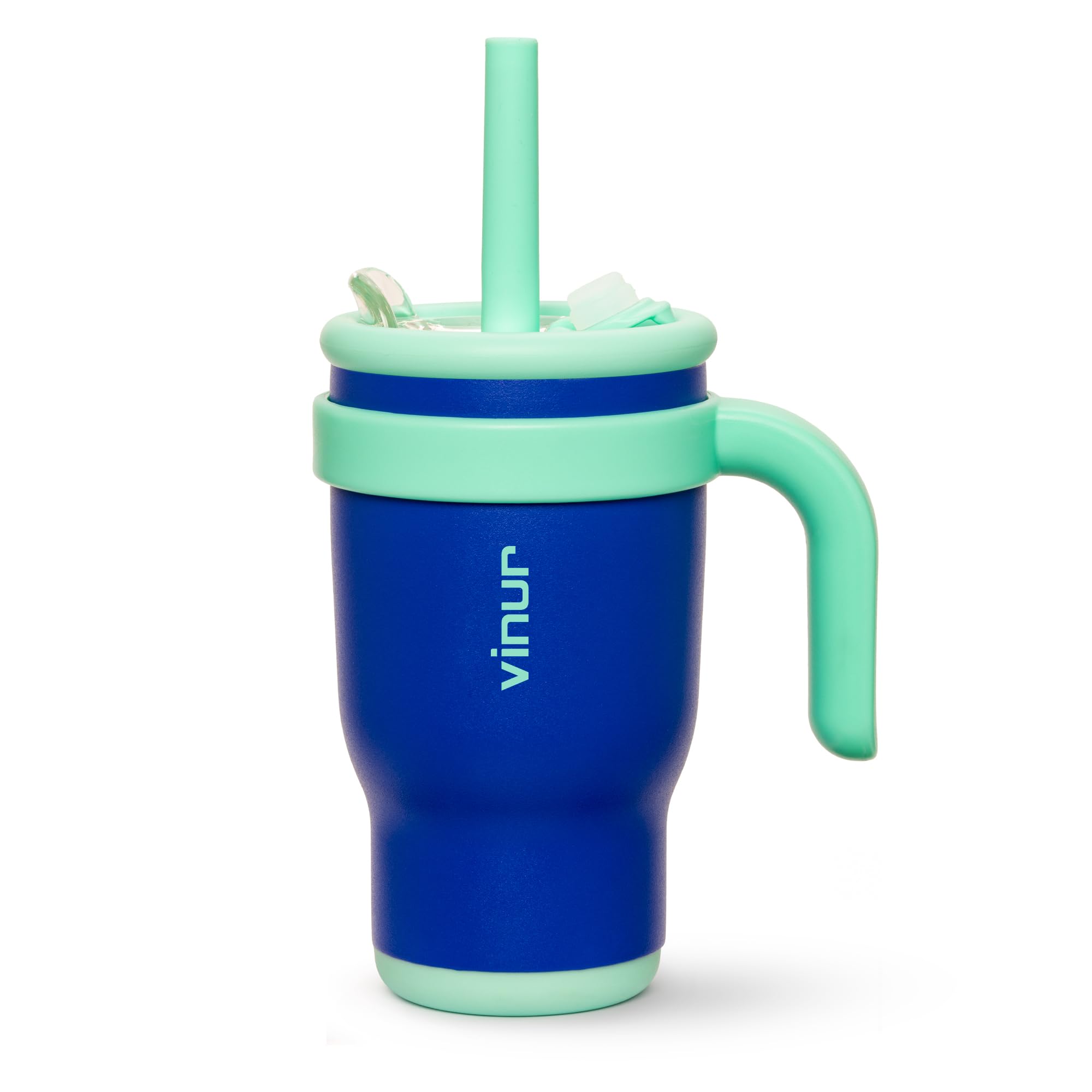 VINUR Kids Insulated Tumbler with Handle 14 oz Stainless Steel Double Wall Vacuum Travel Water Drink Cup with Lid and Straw (Nav