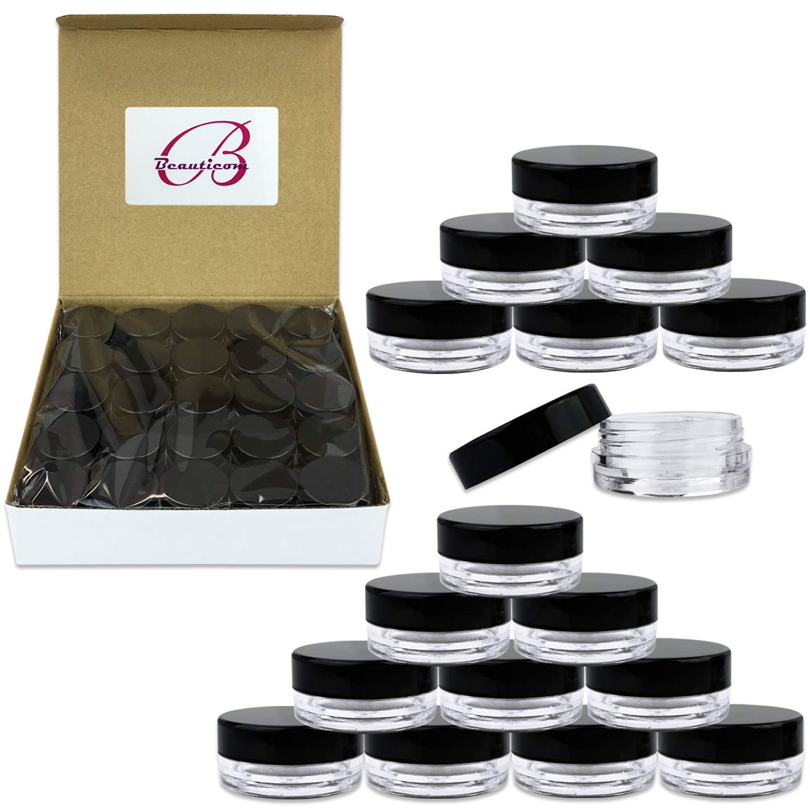 Beauticom (100 Pieces Jars + Lid) 3G/3Ml Round Clear Jars With Black Screw Cap Lids For Scrubs, Oils, Toner, Salves, Creams, Lot