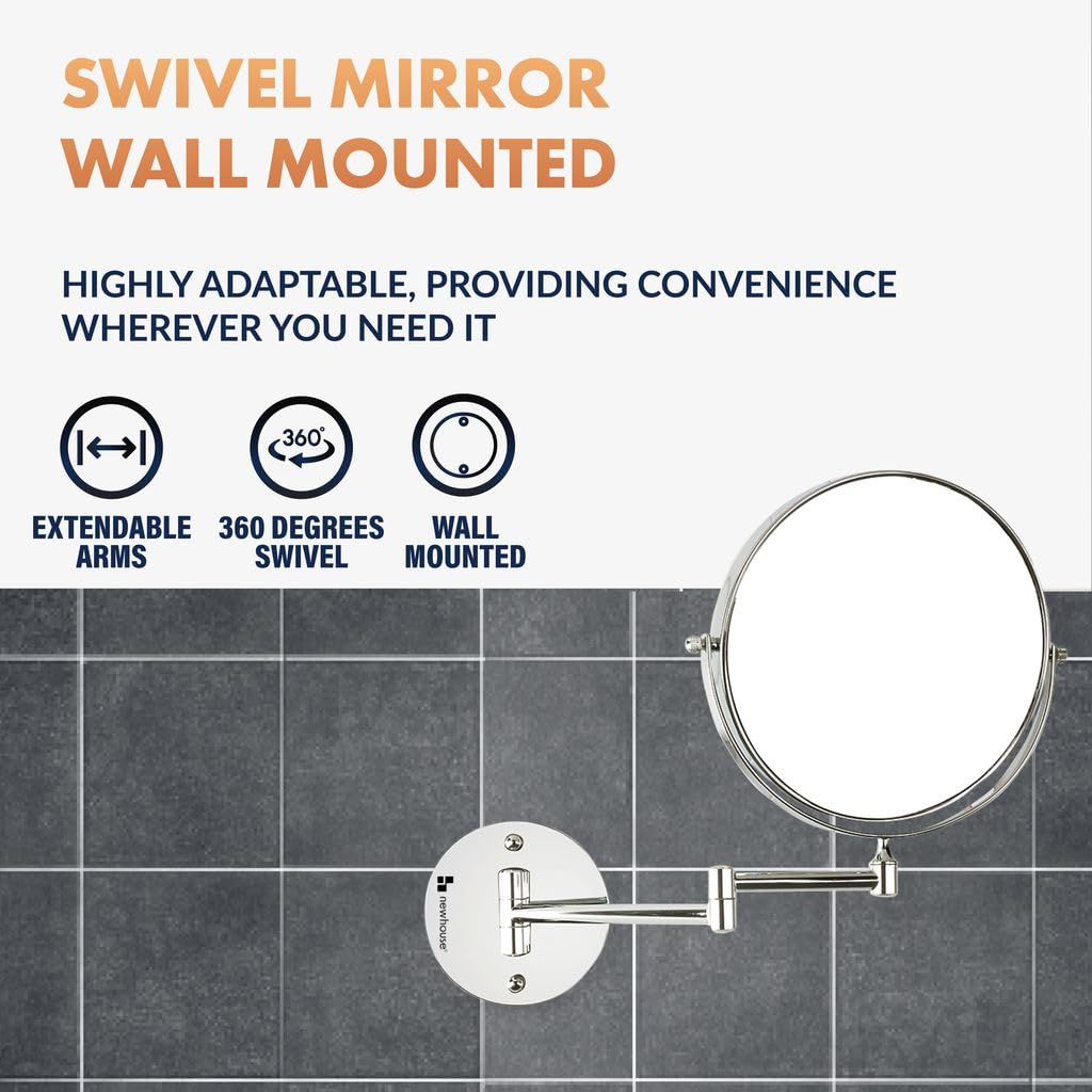 Newhouse Chrome Magnifying Mirror NHMM-001, Swivel Wall Mirror with 1x/5x Zoom, Ideal for Makeup Mirror or Small Vanity Bathroom