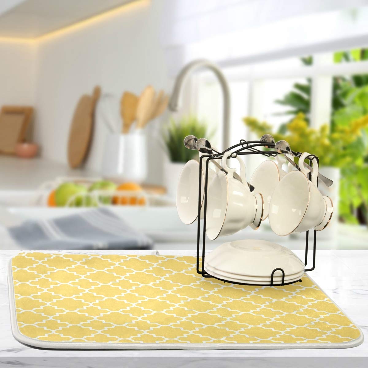 Suabo Yellow Geometric Lattice Dish Drying Mat For Kitchen, 16X18 Inch Microfiber Mat Absorbent Reversible