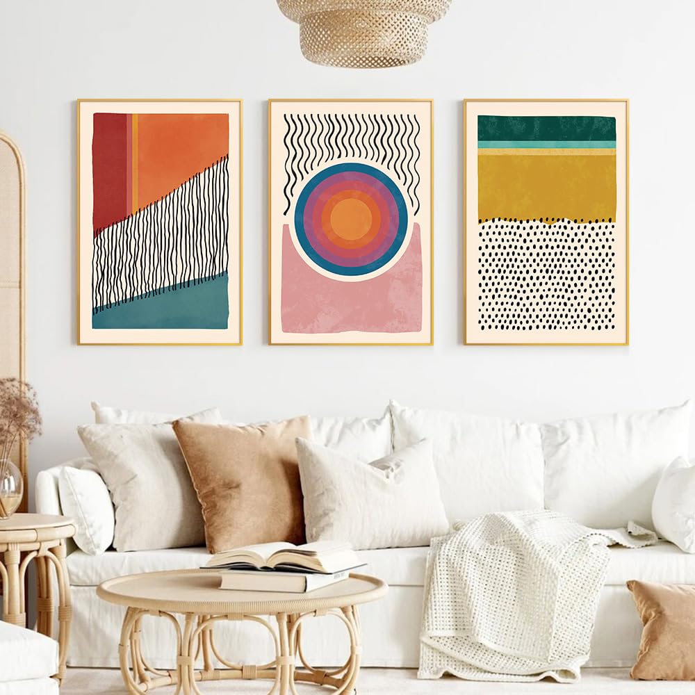 Hpinub Boho Framed Canvas Prints Wall Art Set, Mid-Century Abstract Color Block Shape Wall Decor, Geometric Illustrations Art Ph