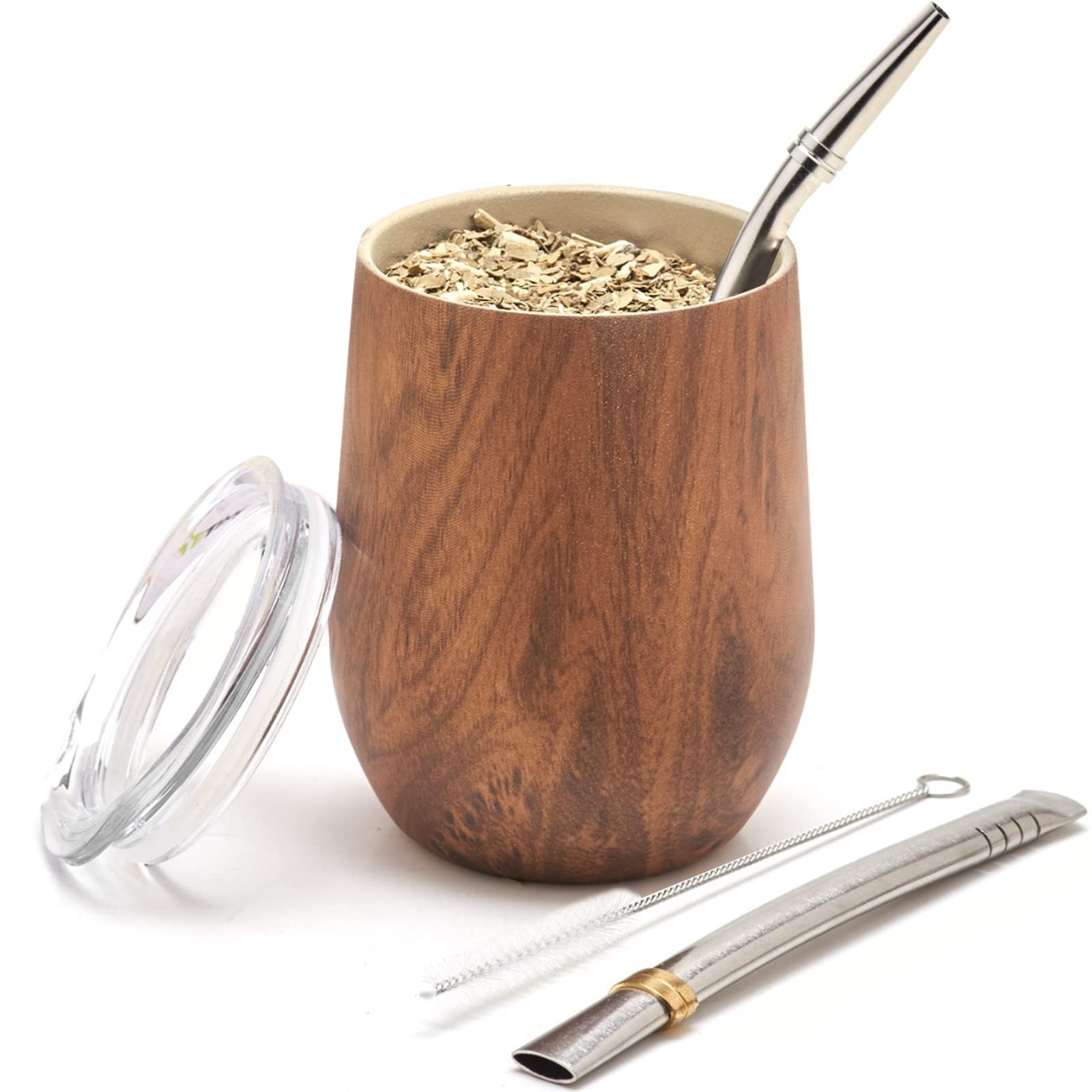 Balibetov 5 Pcs Large Yerba Mate Cup And Bombilla Kit, Includes One 8 Oz Yerba Mate Gourd With Lid, Two Bombillas Mate Straw And