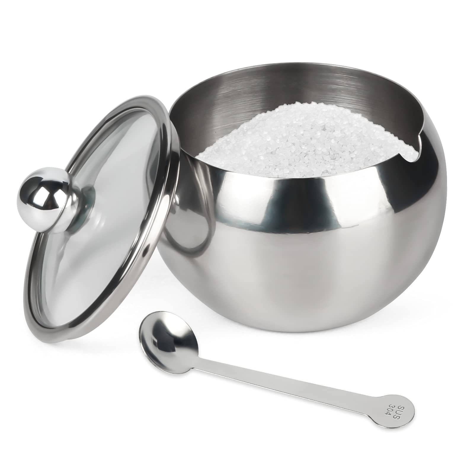 Asika Sugar Bowl, Stainless Steel Sugar Pot With Clear Lid And Spoon, Drum Shape Small Condiment Container For Home And Kitchen,