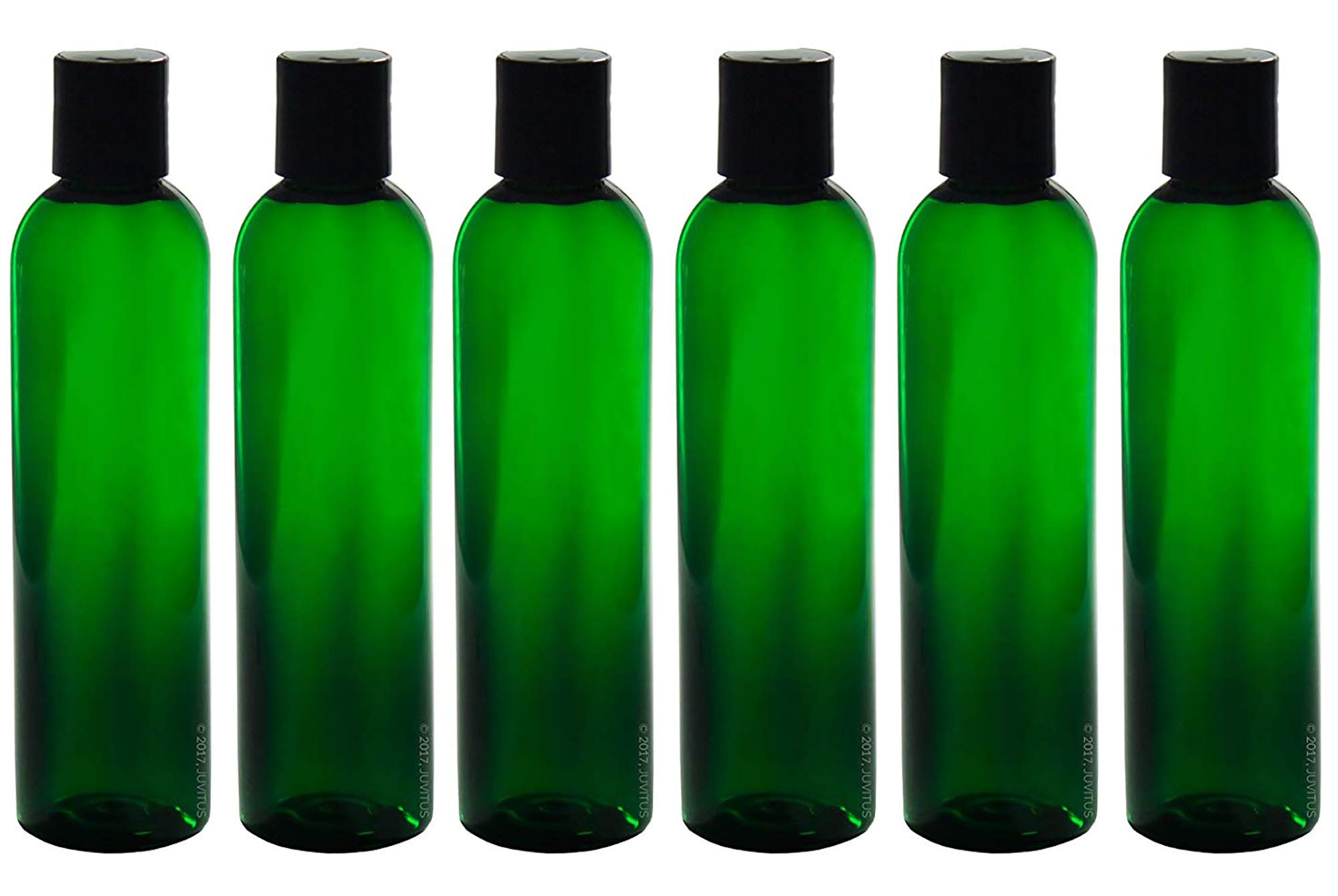 Juvitus 8 Oz Green Tall Slim Plastic Pet Refillable Bpa Free Bottles (6 Pack) + Labels (Black Disc Cap)
