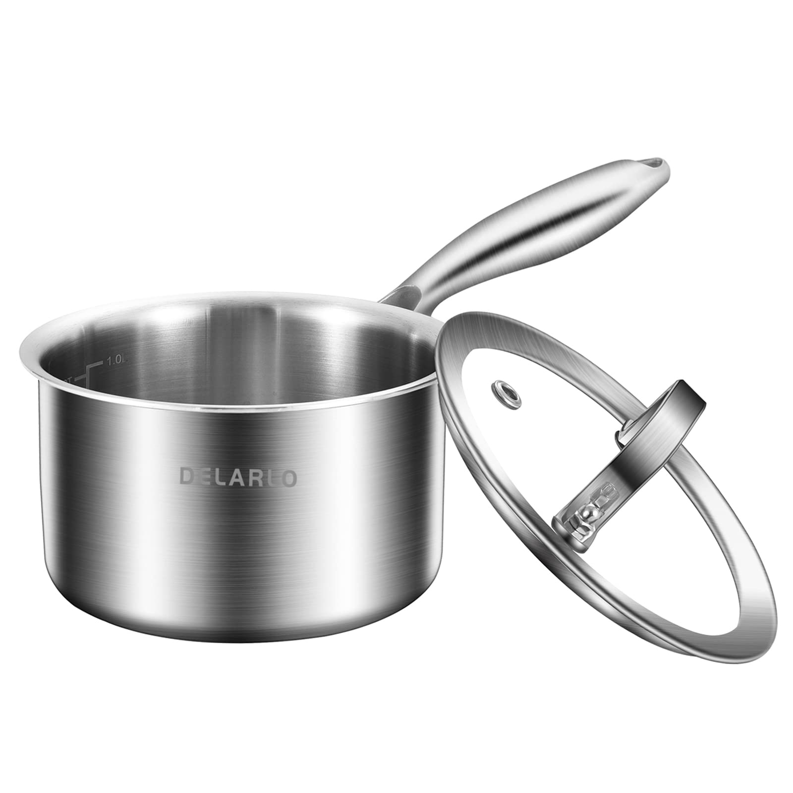 Delarlo Tri-Ply Stainless Steel 1 Quart Saucepan With Lid, Compatible With All Stove 600?, Small Pots For Cooking, Fast Even Hea