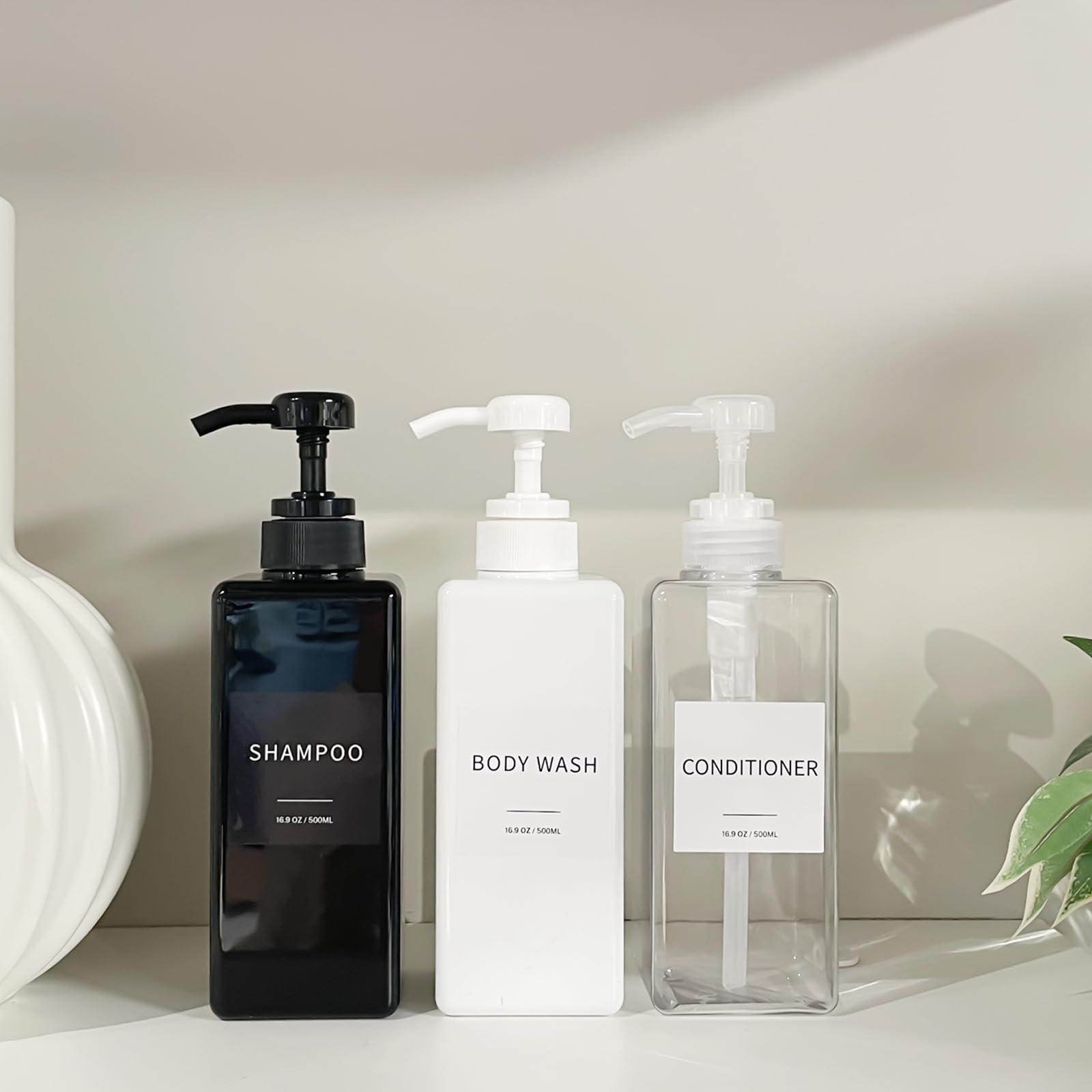 Shampoo And Conditioner Dispenser, Refillable Plastic Shampoo Pump Bottles With Waterproof Labels, Empty Body Wash Dispenser Set