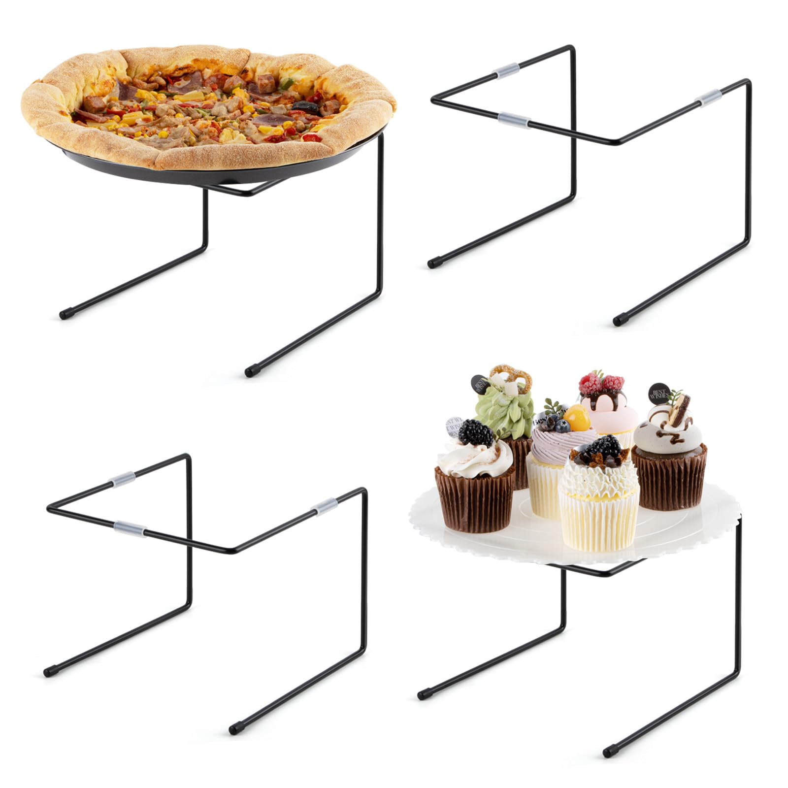 PUERSI 4 PCS Pizza Stand Holder with Non-Slip Pads, Black Metal Pizza Pan Display Stands, Food Platter Riser Serving Tray for Pa