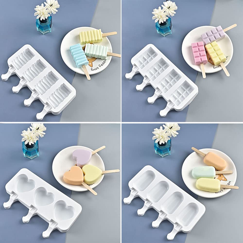 Elane 4 Pcs Ice Popsicle Molds,Silicone Ice Pop Molds,Silicone Popsicle Molds With Sticks (25 Pcs Colored Popsicle Sticks)