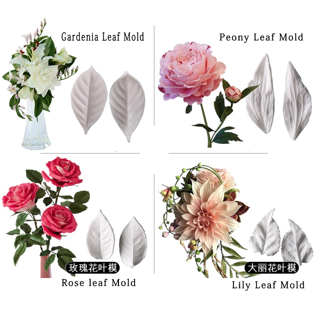 Kalaien 8Pcs Sugar Paste Leaf Veiners Fontant Mold Fondant Silicone Leaf Rose/Peony/Lily 3D Craft Tool