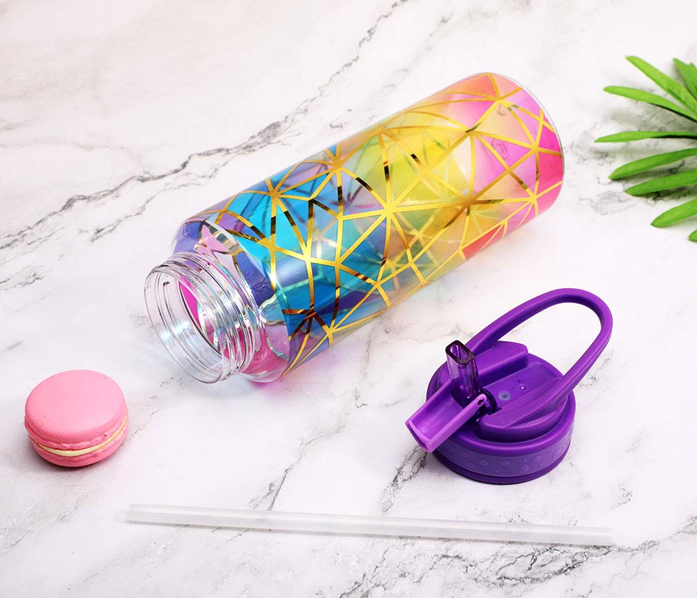 Home Tune Cute Water Bottle with Straw  BPA FREE Tritan &Leak Proof & Carry Handle & Pretty Design  32oz/950ml (Colorful)