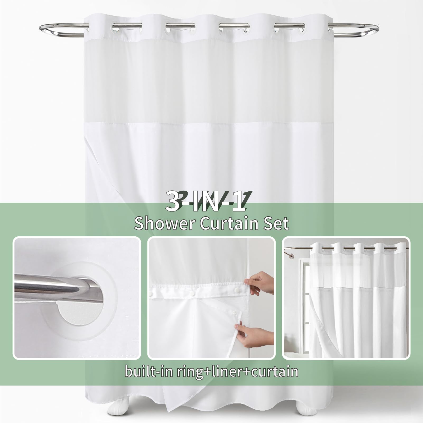 Eachope White No Hook Shower Curtain With Snap-In Fabric Liner Set,Slub Textured Fabric Shower Curtains For Bathroom,Hotel Style