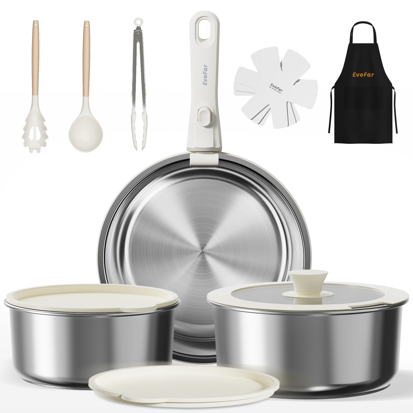 EVOFAR 14 pcs Stainless Steel Cookware Set, Detachable Pots and Pans Set with Removable Handle, Non Toxic Space Saving RV Campin