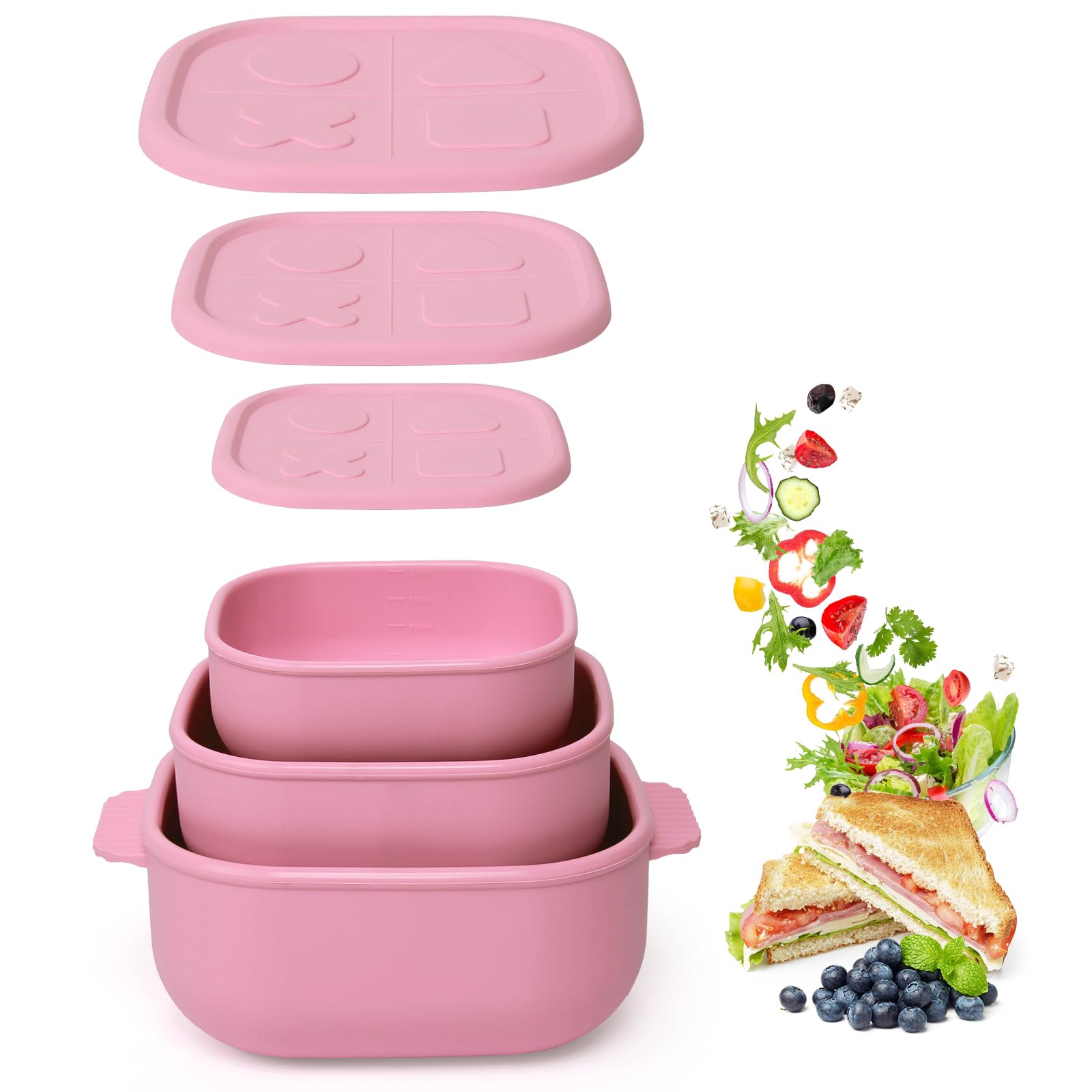 AUDRWALL Silicone Bento Box |Food Grade & Leakproof Lunch Box Bento with Lids |3Piece SpaceSaving Nesting Kit Food Storage Con