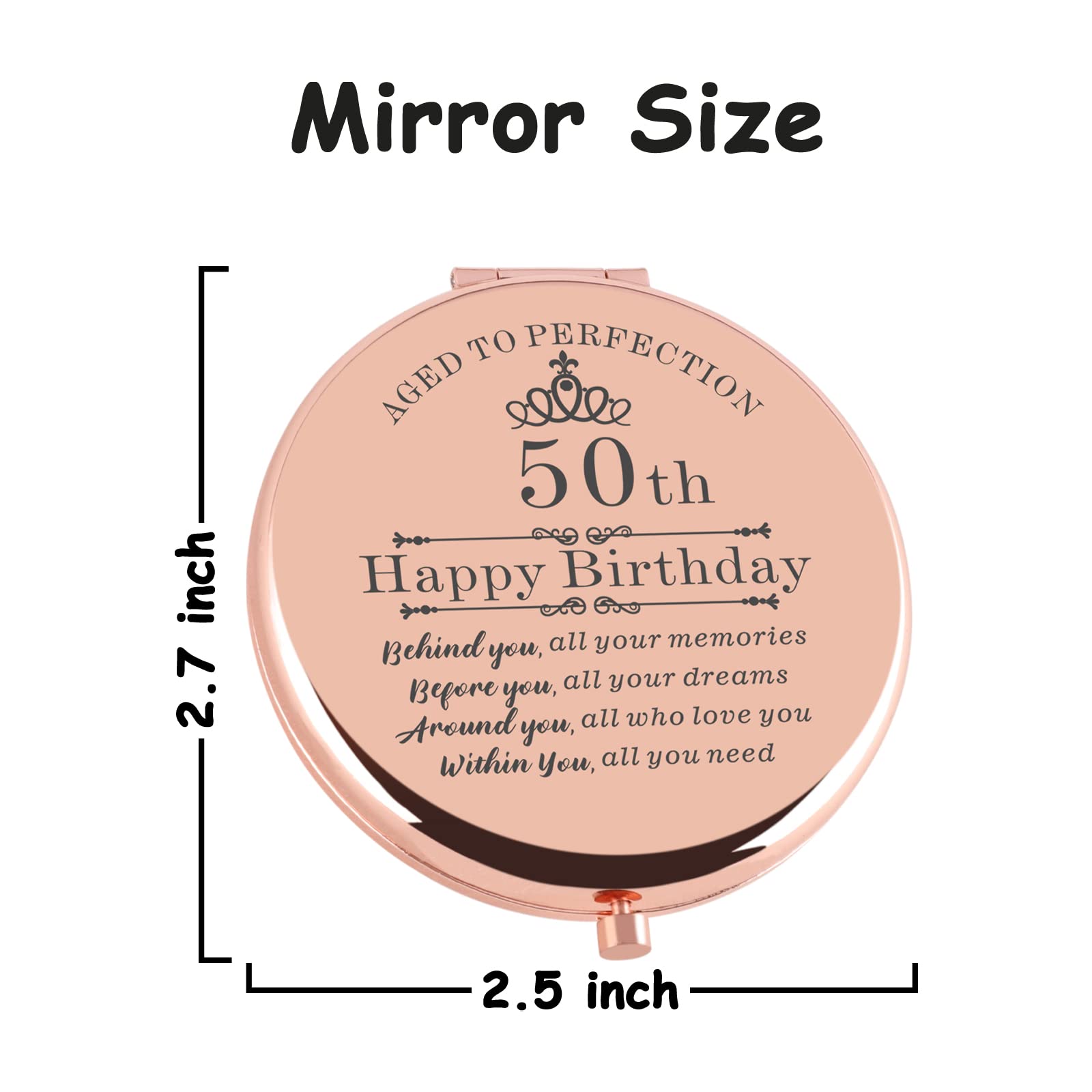 Cawnefil 50th Birthday Gifts for Women Rose Gold 2.6 L x 2.6 W Compact Makeup Mirror, 50th Birthday Gift for Women, Double-Sided