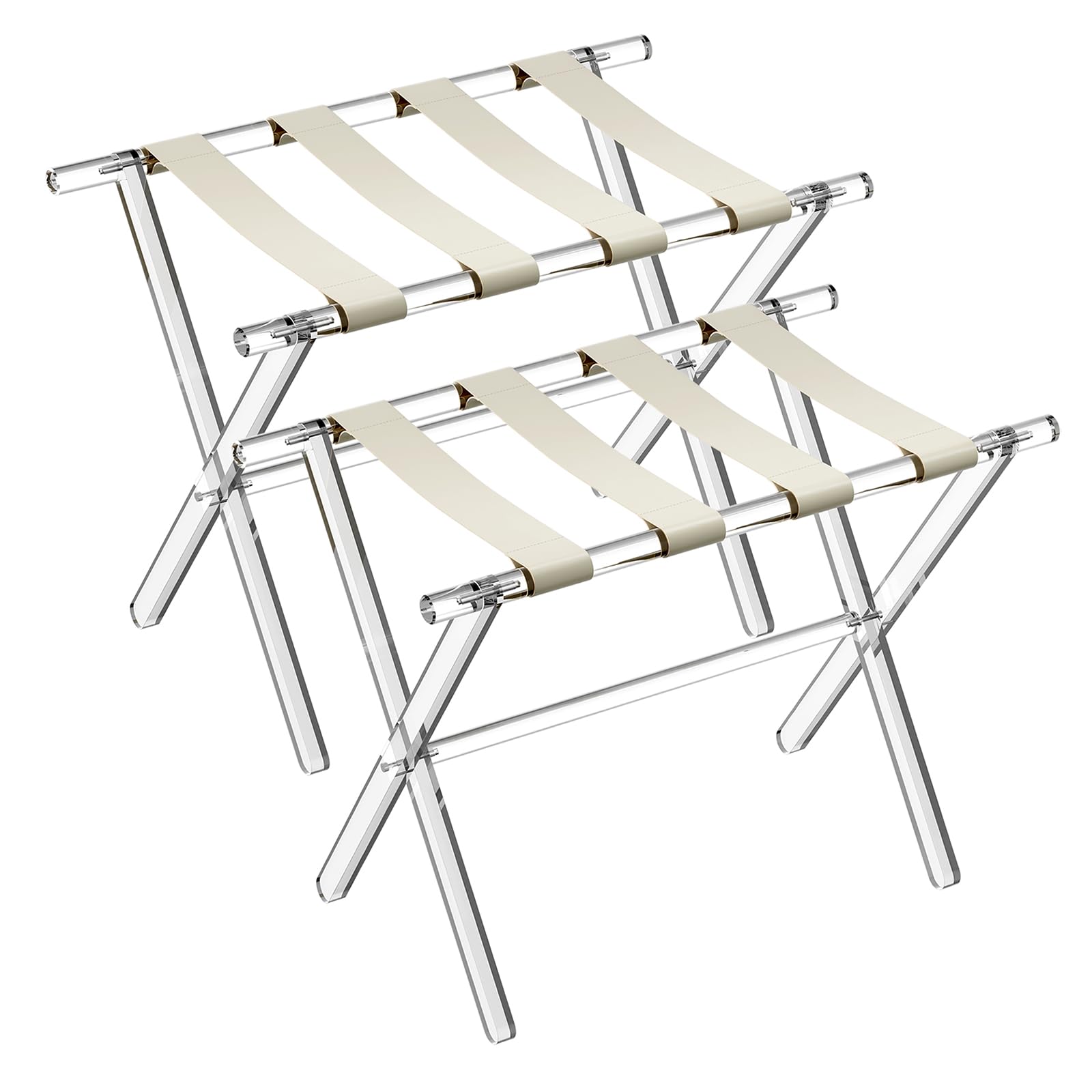 Sumerflos Acrylic Luggage Rack With Beige Leather Straps For Guest Room - 2 Pack Foldable Clear Fancy Suitcase Stand With Handle