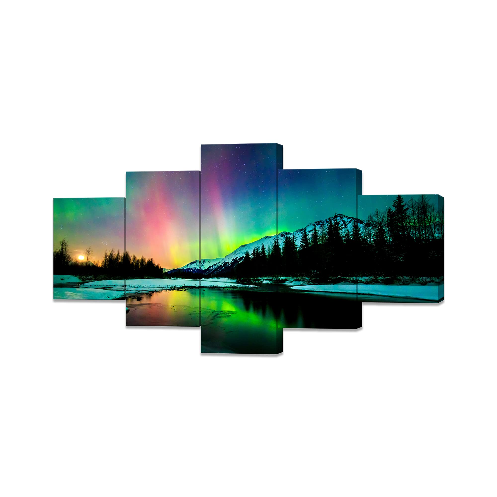 Aurora Borealis Canvas Wall Art Northern Lights Canvas Print Painting For Living Room Snowy-Mountains-Landscape Poster Picture W