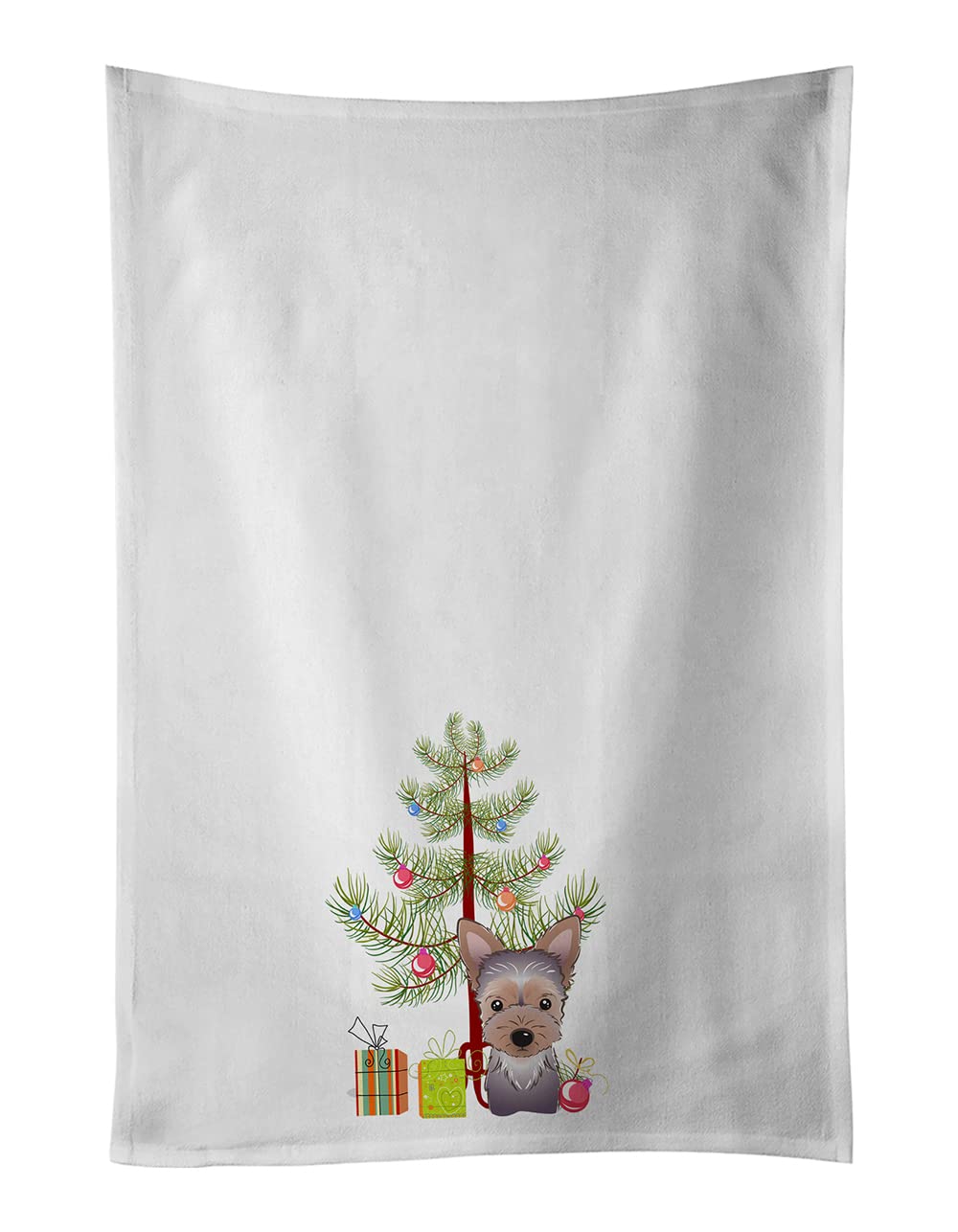 Christmas Tree and Yorkie Puppy White Kitchen Towel Set of 2