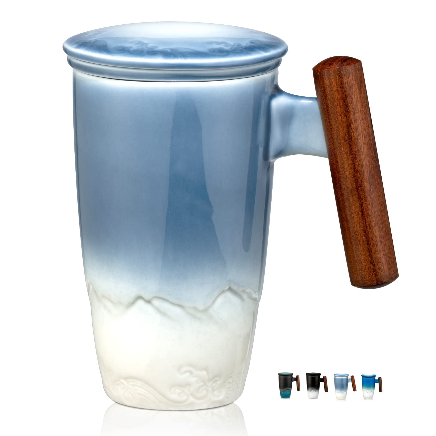 suyika Tomotime Tea Cup with Infuser and Lid 400ml Ceramic Tea Mugs Smooth Inner Wall Wooden Handle 13.5 oz,Blue