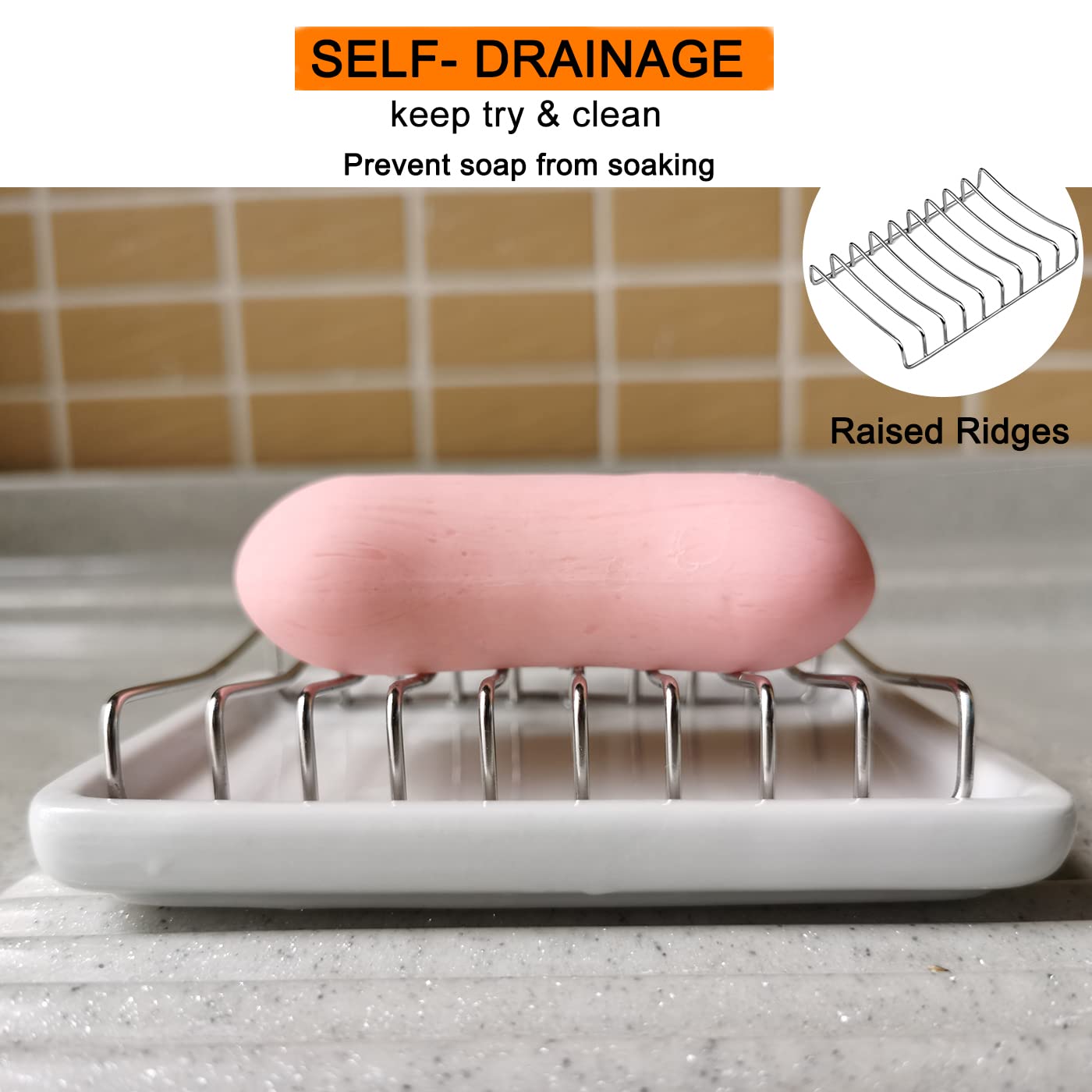 Bolagar Ceramic Soap Dish With Stainless Steel Drain Tray Self Draining Soap Holder Sponge Holder Soap Dishes For Shower, Bathro