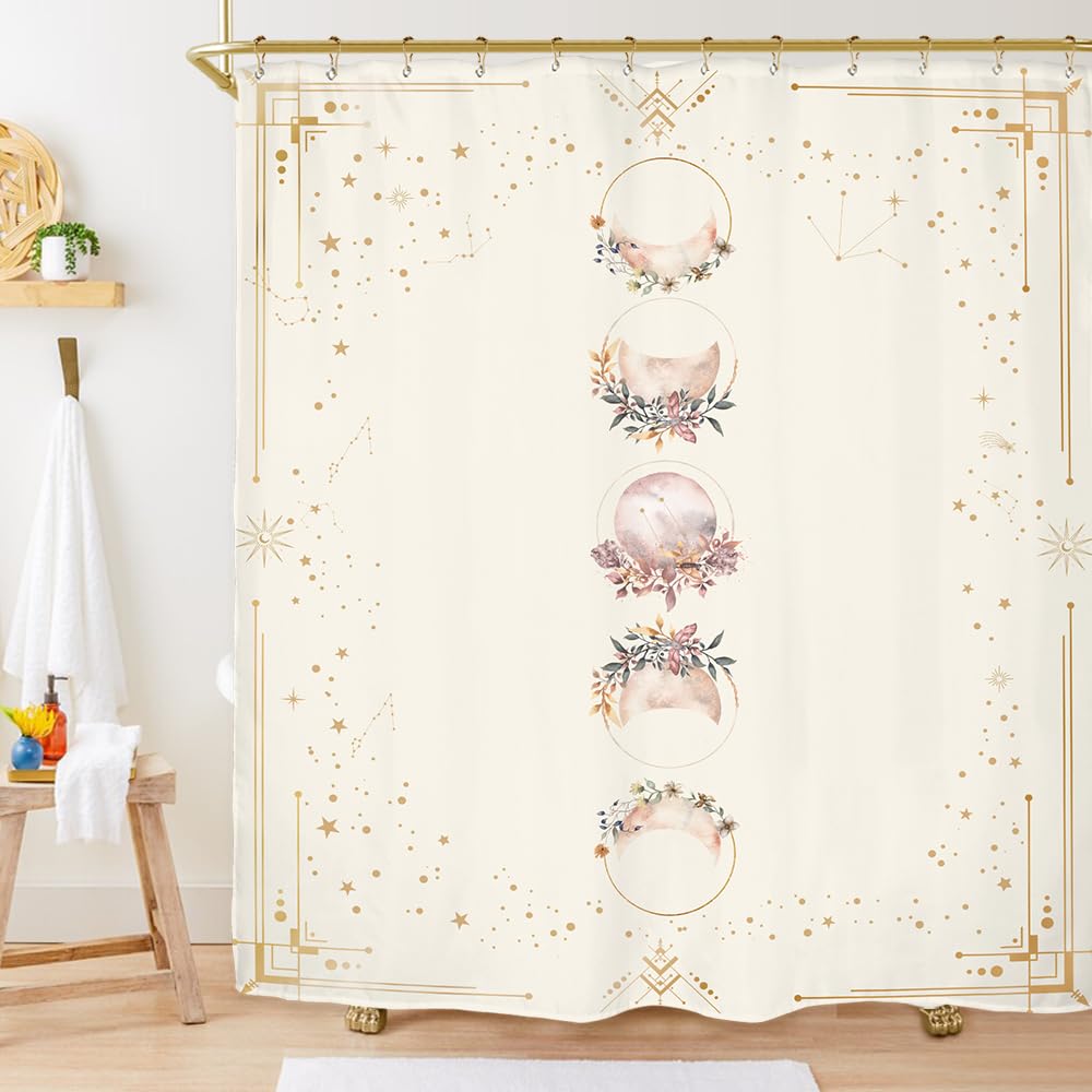 Miyotaa Moon Phase Celestial Moonlit Gothic Shower Curtain Set 71Wx71H Inches Zodiac Constellation Astrology Tarot Witch Floral