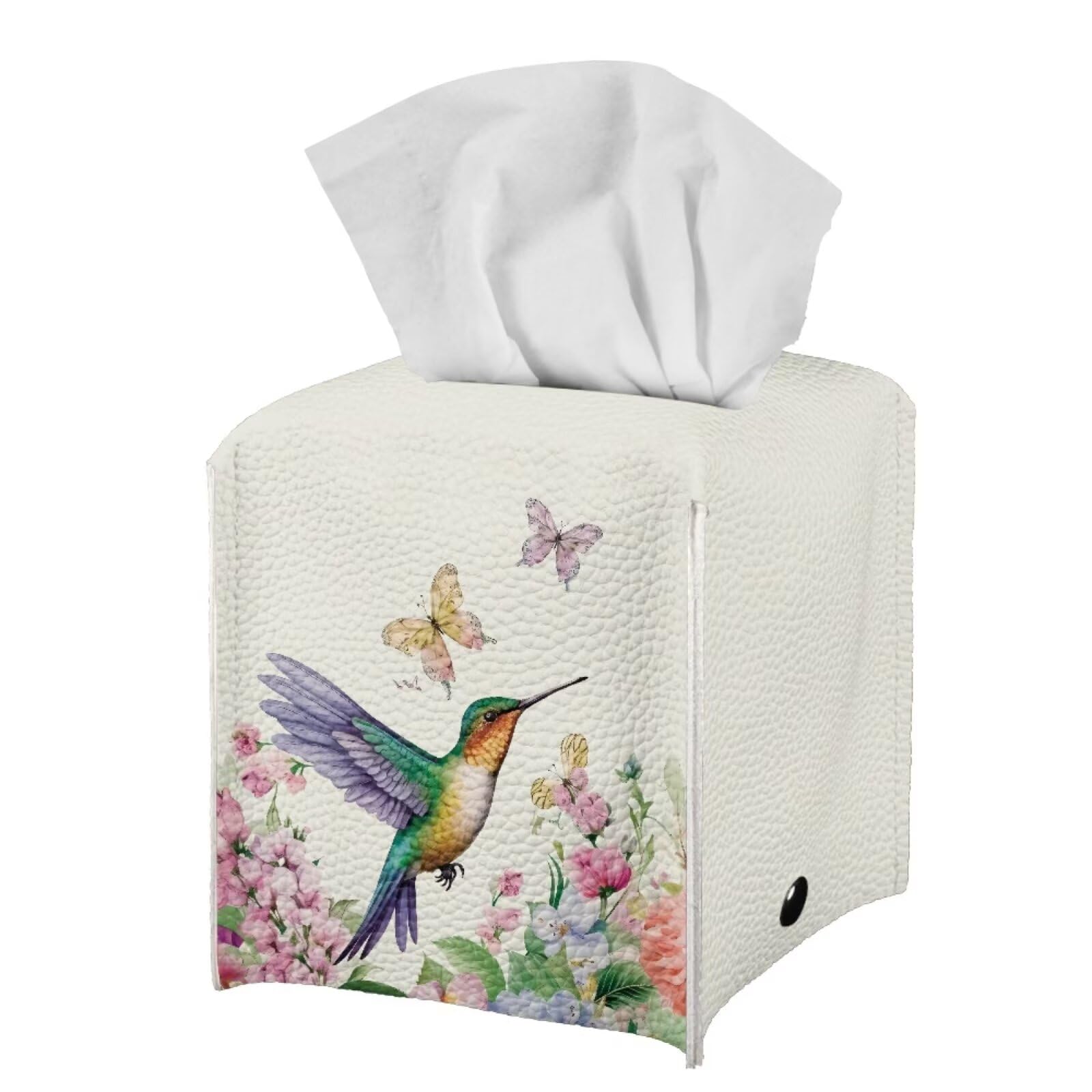Tutolipy Hummingbird Butterfly Floral Leather Tissue Box Cover Square - Tissue Holder With Bottom Belt Aesthetic Pu Leather Tiss
