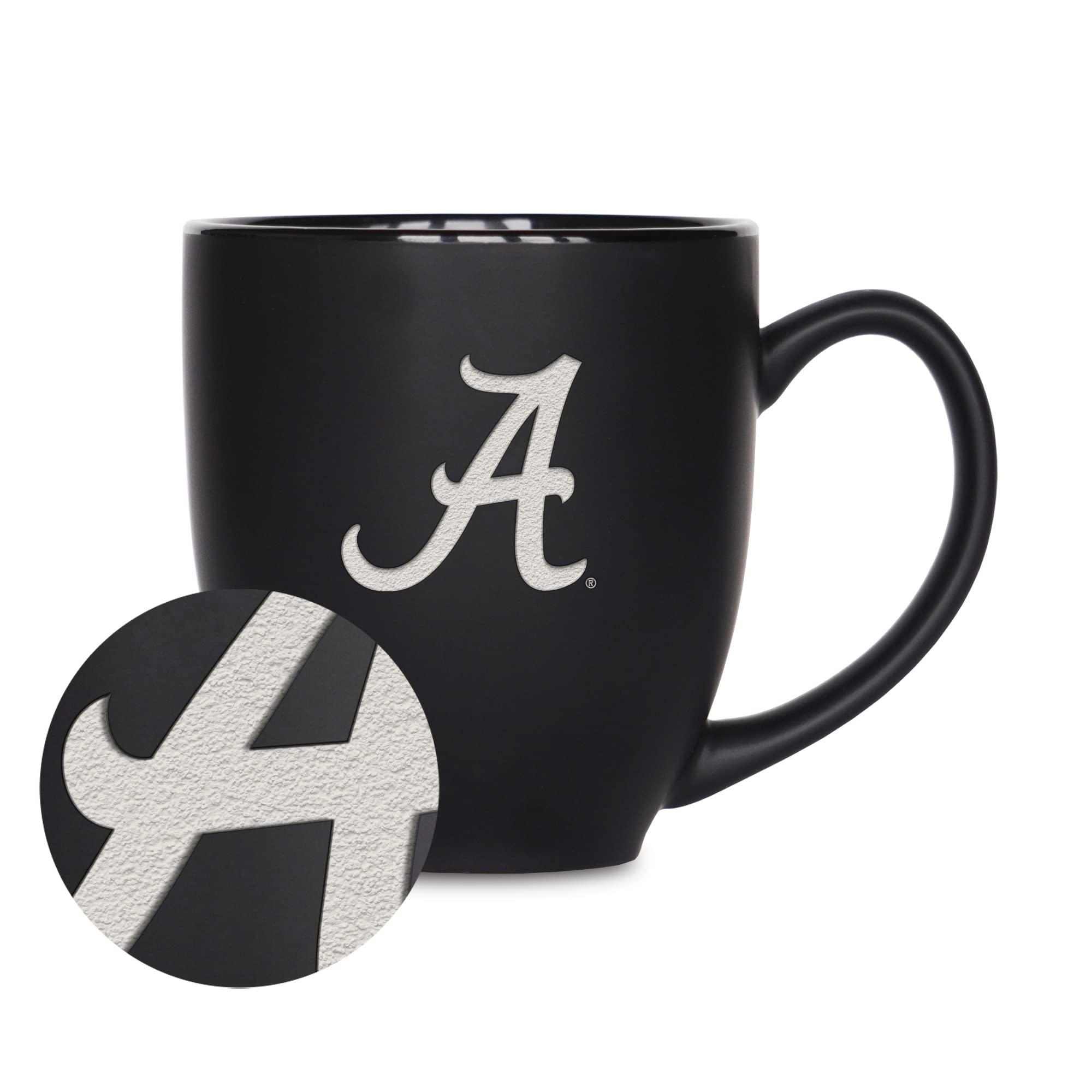 Rico Industries NCAA Alabama Crimson Tide Main 15oz Laser Engraved Matte Black Ceramic Bistro Mug - For Hot or Cold Drinks