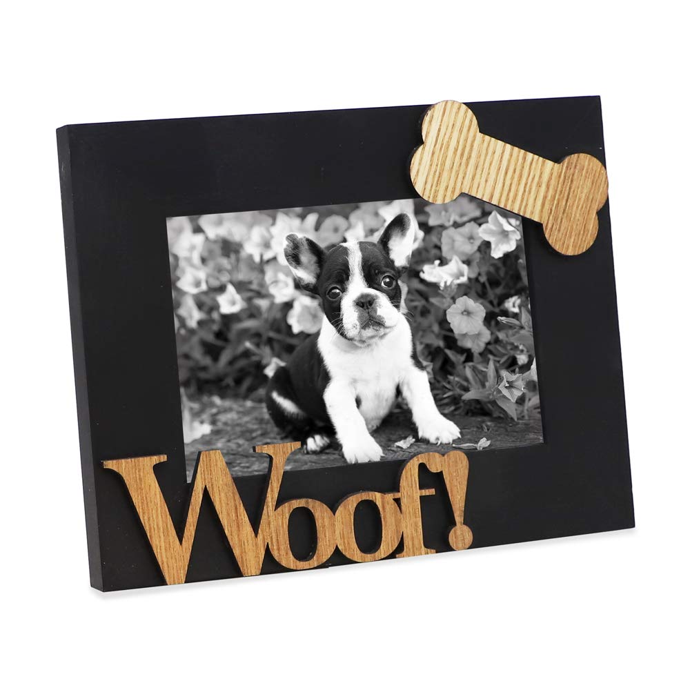 Isaac Jacobs Black Wood Sentiments Dog Woof!    Picture Frame, 4x6 inch, Photo Gift for Pet Dog, Puppy, Display on Tabletop, Des
