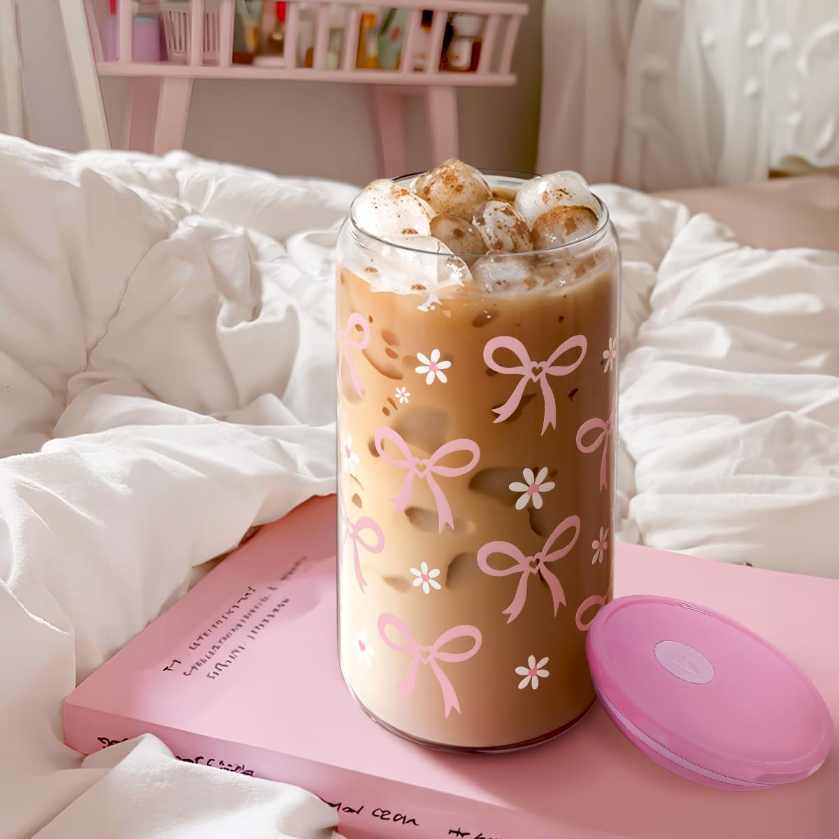 Bow Glass Can, Bows Cup with Lid & Straw, Iced Coffee Aesthetic Cups, Idea Gift for Christmas Birthday Mother Day, Gifts for Wom