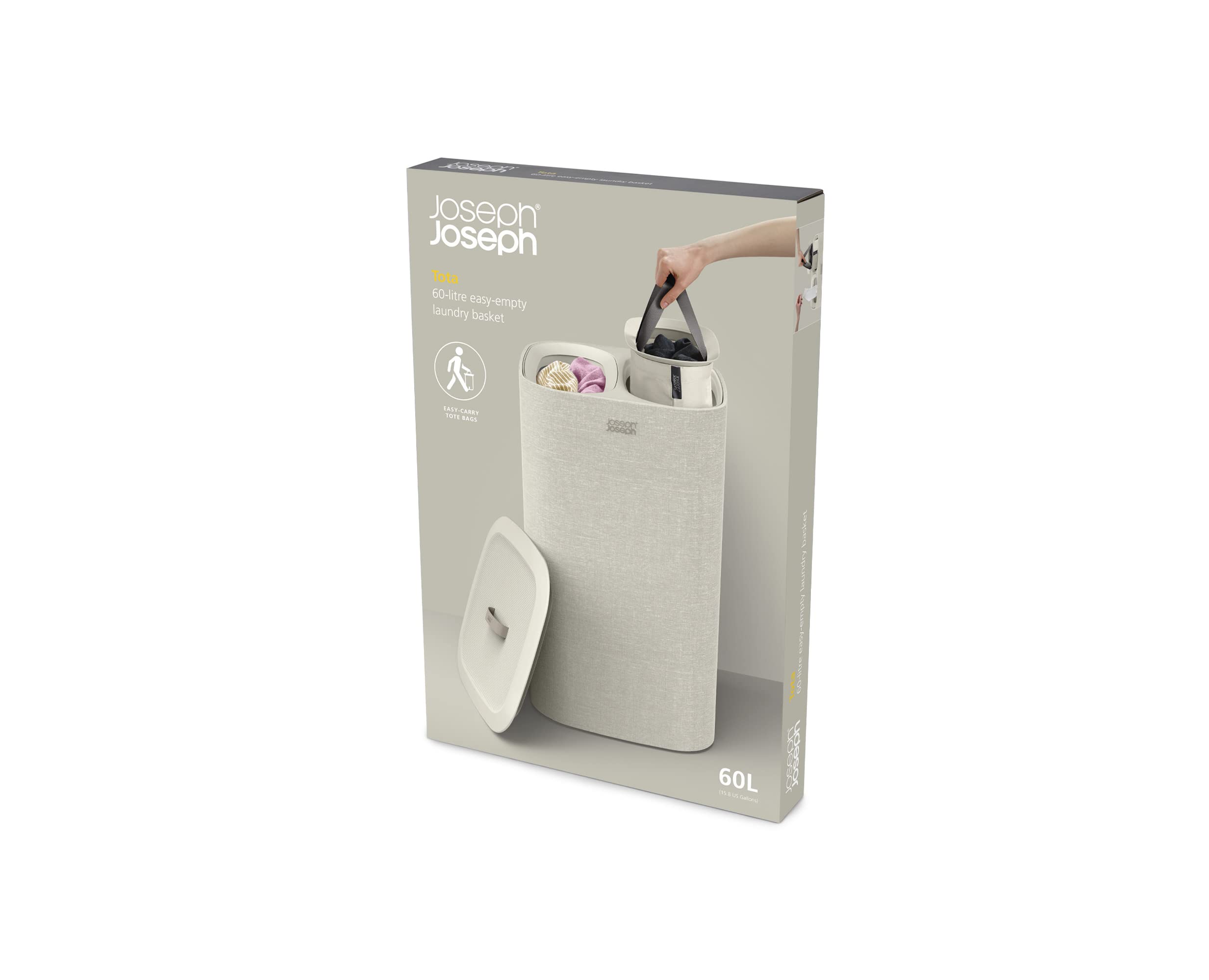 Joseph Joseph Tota 60-liter Laundry Hamper Separation Basket with lid  2 Removable Washing Bags with Handles- Ecru