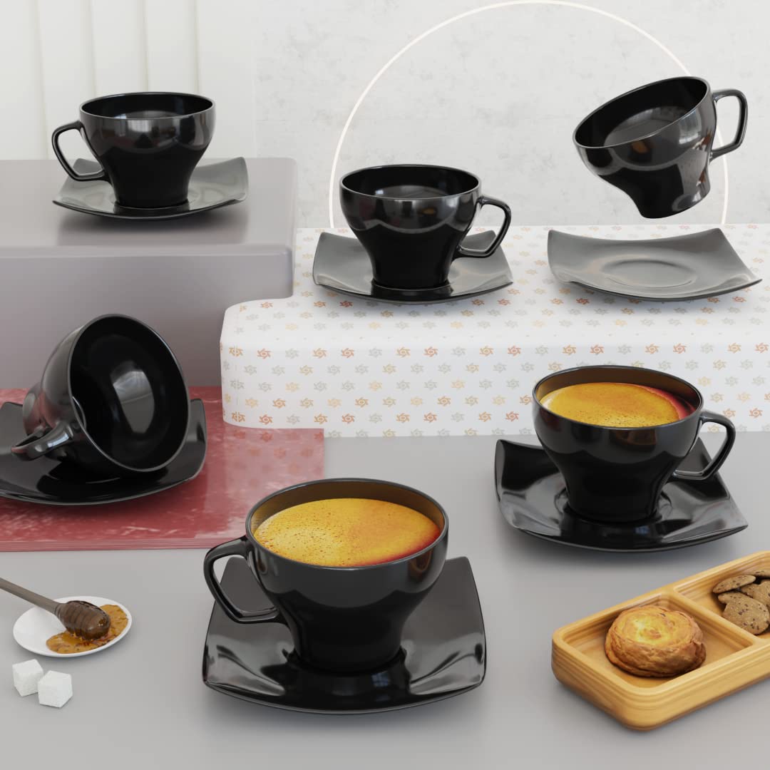 The Earth Store Ceramic Black Shine Microwave Safe Tea Cup Set With Saucer Ideal Best Gift For Friends, Family, Home, Office Use