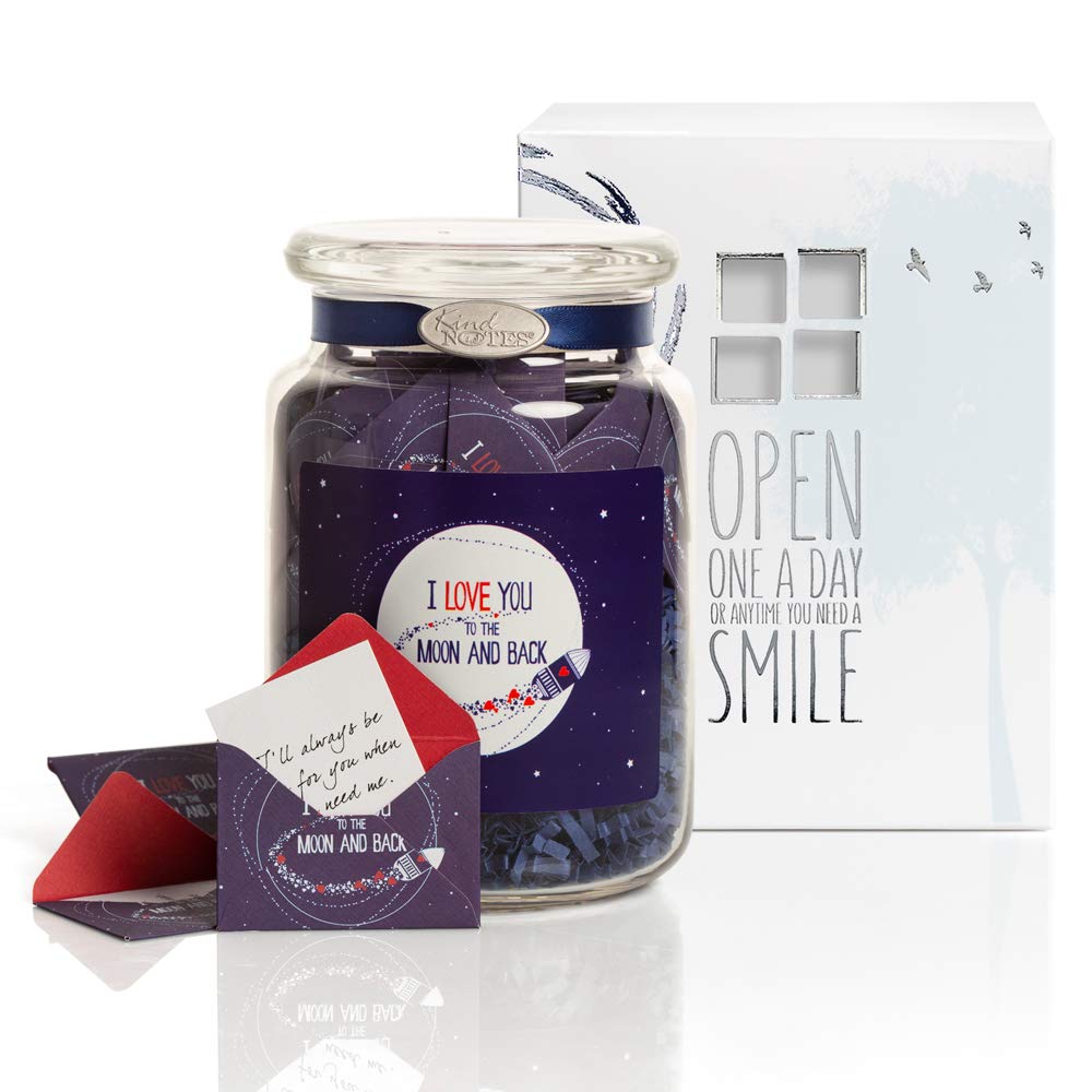 KindNotes Glass Keepsake Gift Jar with Blank Papers to WRITE-YOUR-OWN Messages - Moon and Back