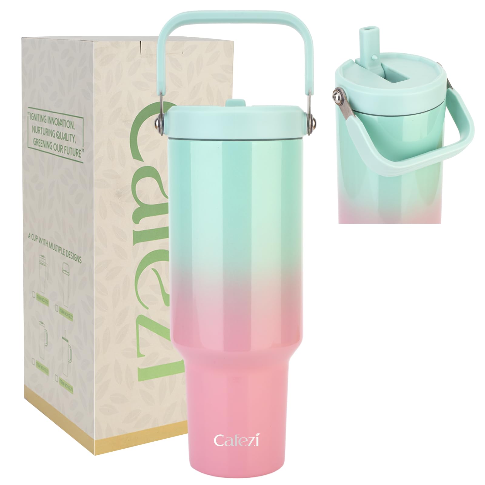 Cafezi 40 oz Insulated Tumbler with Top Handle and Flip Straw, Vacuum Insulated Stainless Steel Cup, Sweat-Free, Fits Cup Holder