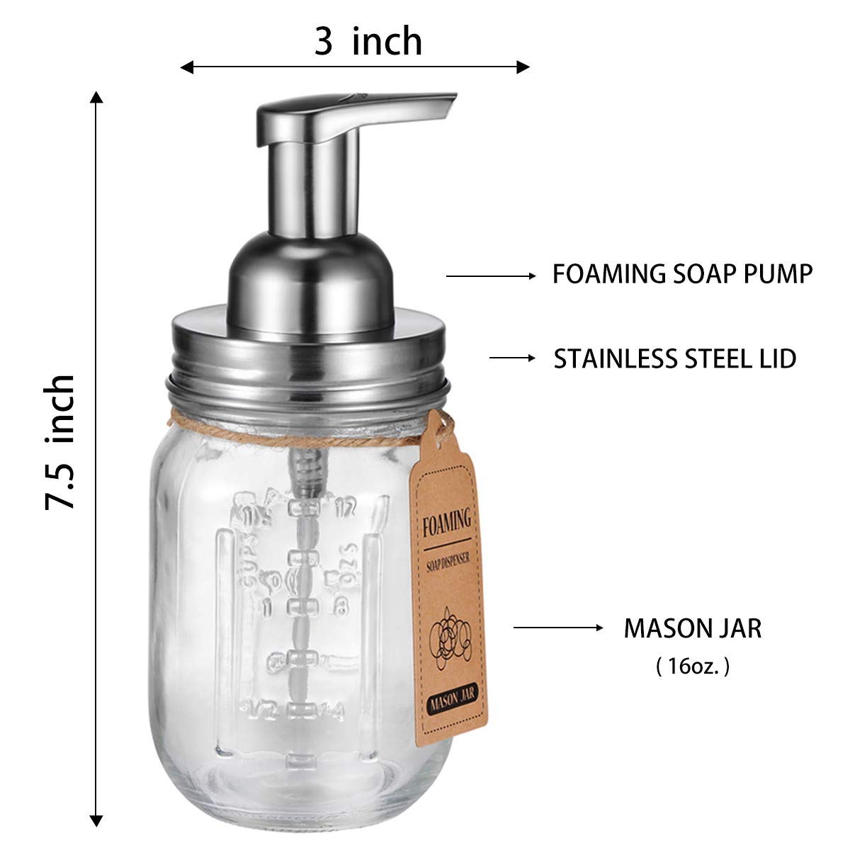 Mason Jar Foaming Soap Dispenser -Rustproof Stainless Steel Lid/BPA Free Foam Pump-Waterproof Chalkboard Labels-Farmhouse Decor Bathroom Accessories Refillable &Eco Friendly -Brushed Nickel (2 Pack)