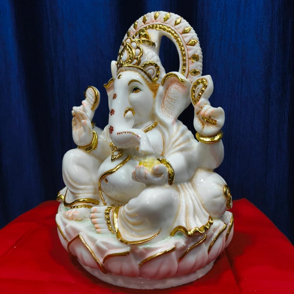 Om Fine Arts. Lord Ganesha Statue, White And Gold, 30.5 Cm Decorative Marble Finish Idol On Lotus Base, Ganesh Ji Marble Dust Mu