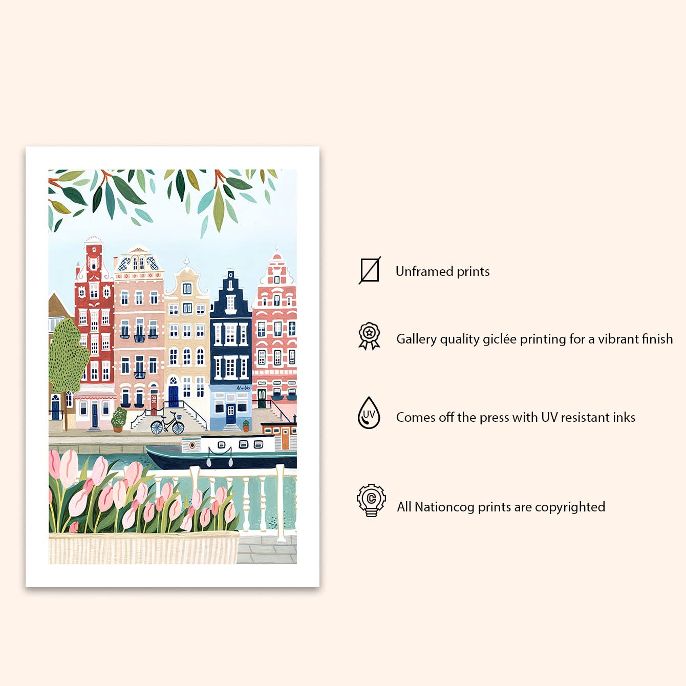 Nationcog Amsterdam Art Print, Netherlands Print, Holland Wall Art, Amsterdam Gift, Tulips, Travel Print, Travel Poster, Travel