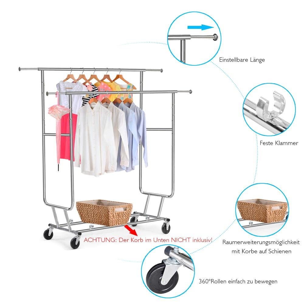 Topeakmart Rolling Clothes Rack 250 Lbs Load Capacity Commercial Double Rail Garment Racks Portable Clothes Rack, Clothing Rack,