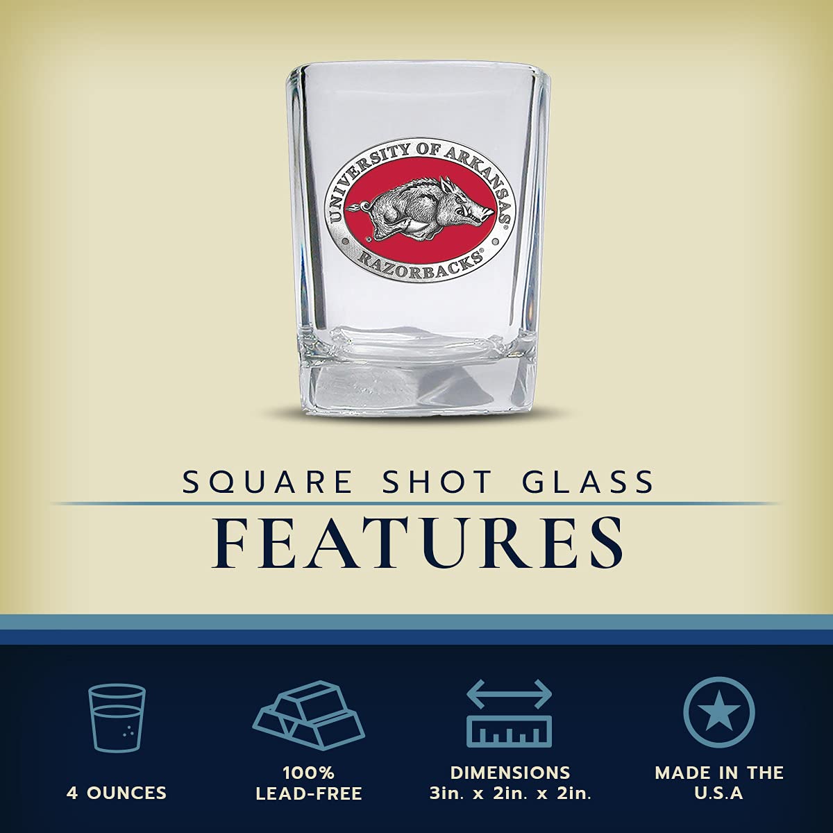 Heritage Pewter University Of Arkansas Square Shot Glass | Hand-Sculpted 1.5 Ounce Shot Glass | Intricately Crafted Metal Pewter