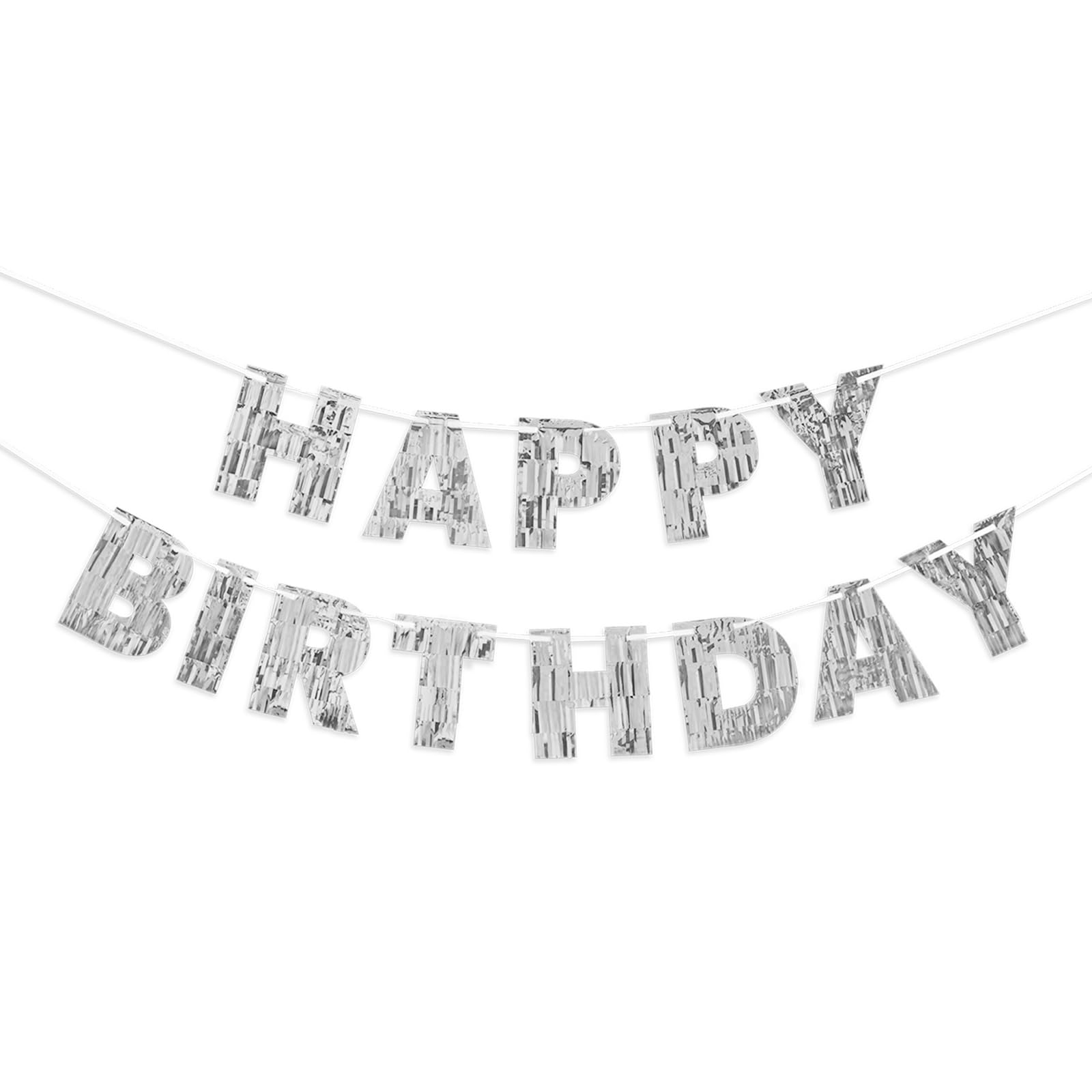 Pre-Strung Silver Happy Birthday Banner- 9ft No DIY Glitter Foil Party Garland for Men, Women, Kids - Wall, Photo Backdrop, Dess