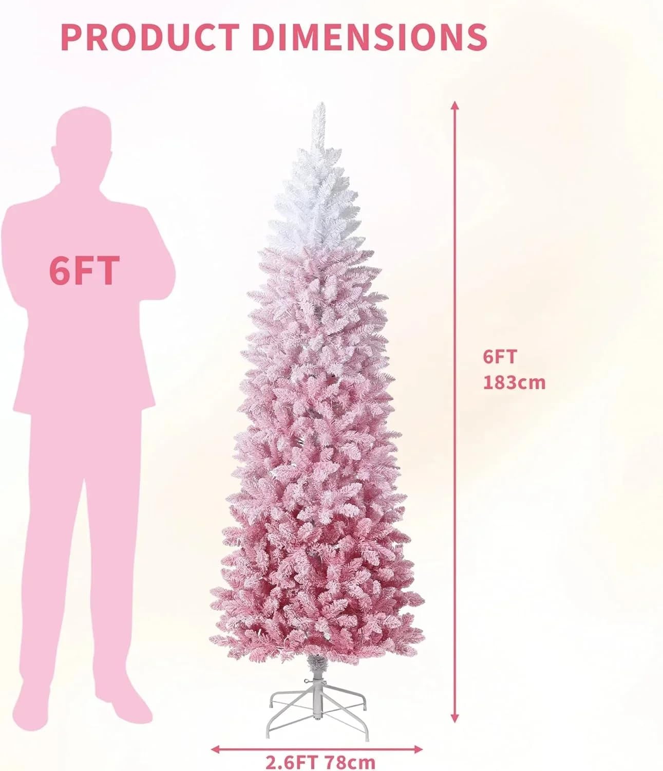 6ft Snow Flocked Pencil Christmas Tree with Pink Gradient, Slim Artificial Xmas Tree on Sturdy Metal Stand, Skinny Holiday Decor
