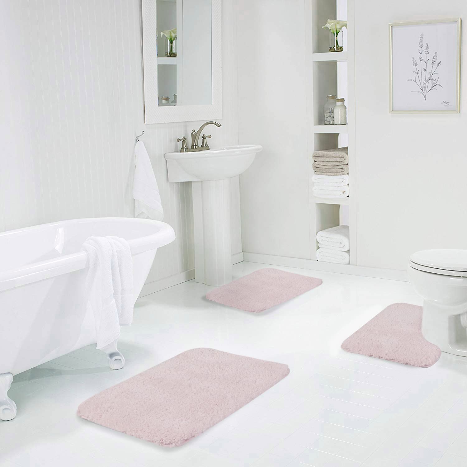 Walensee Shaggy 2 Piece Bath Rug Sets (Dusty Pink) 20 X 24 U Shape Contour Rug & 20 X 32 Bathroom Rug Machine Wash/Dry Bath Mats