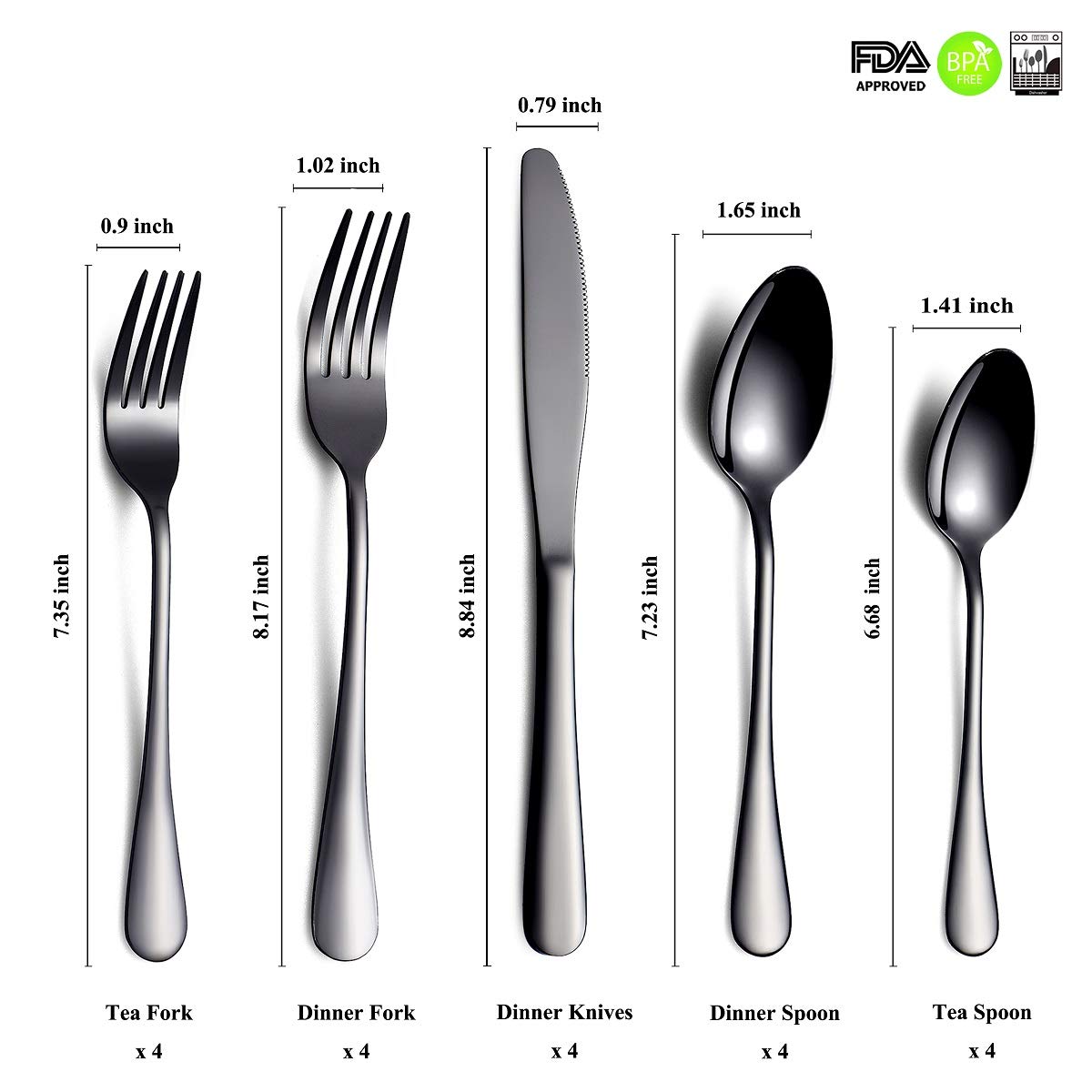 Black Flatware Set 20 Piece Service For 4, Black Titanium Plated Stainless Steel Silverware Set Service For 4 (Shiny, Black)