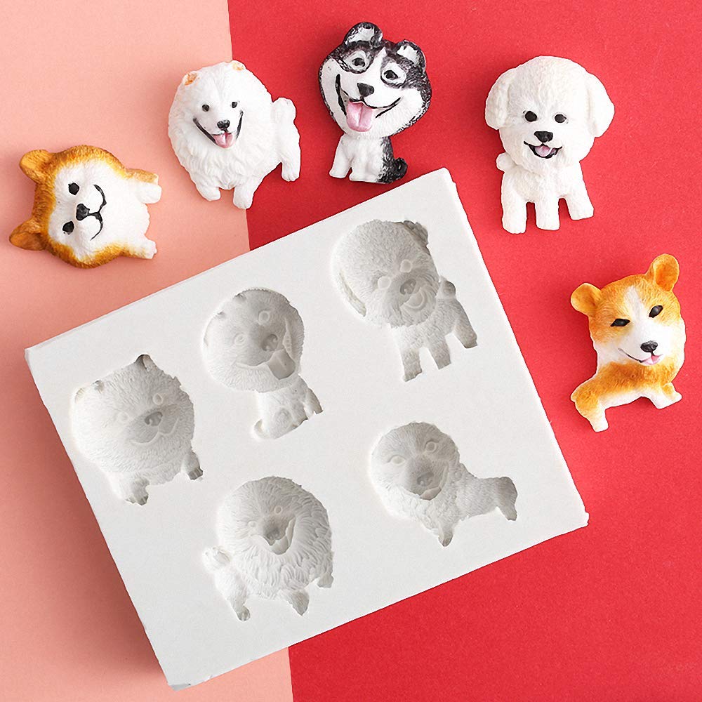 5-Cavity Puppy Dogs Fondant Mold Shiba Inu Corgi Teddy Bear Dog Samoyed Husky Silicone Chocolate Candy Gumpaste Sugarcraft Mould