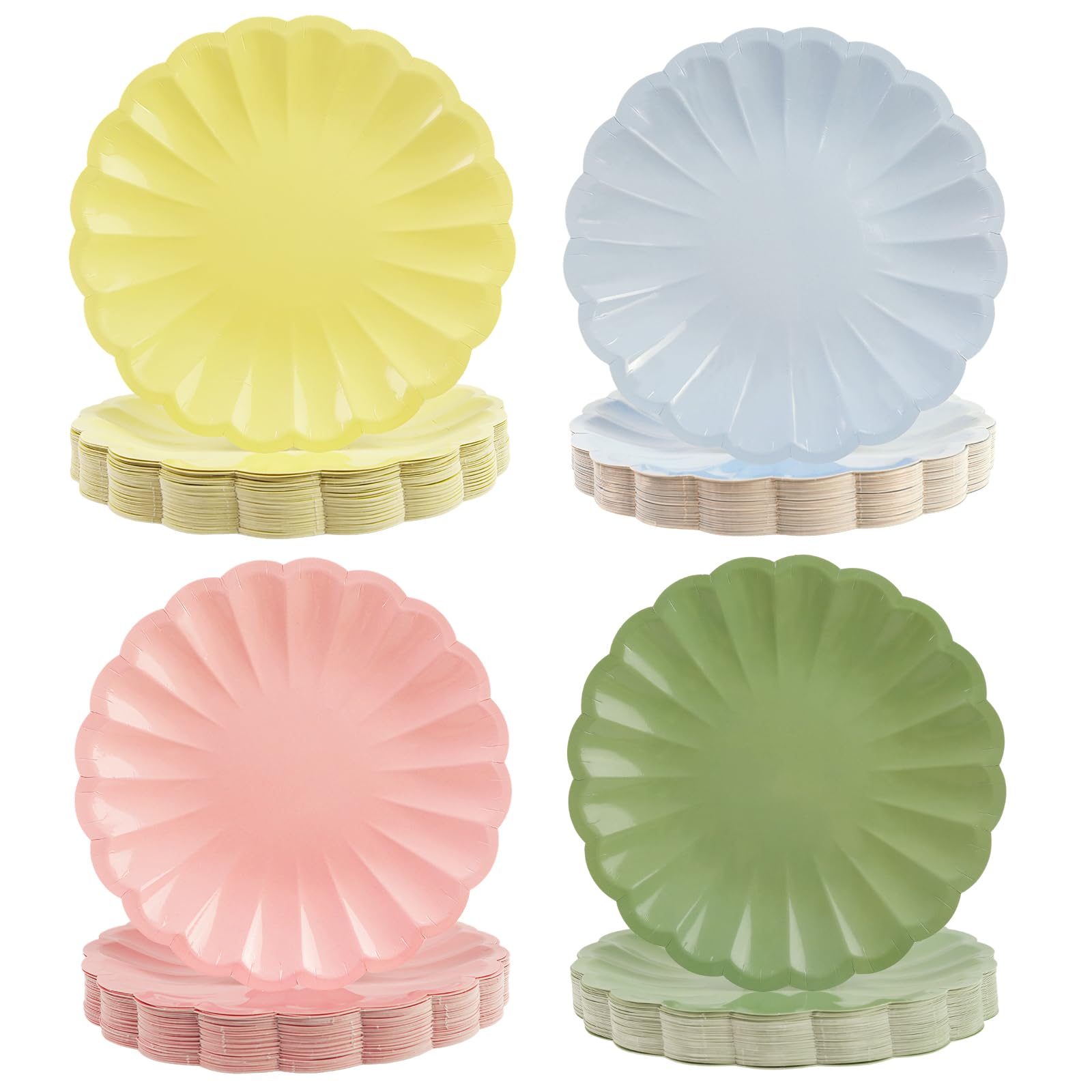 48Pcs Scalloped Pastel Paper Plates, 7 Pink Yellow Blue Sage Green Dessert Cake Plates Disposable Colorful Rainbow Party Supplie