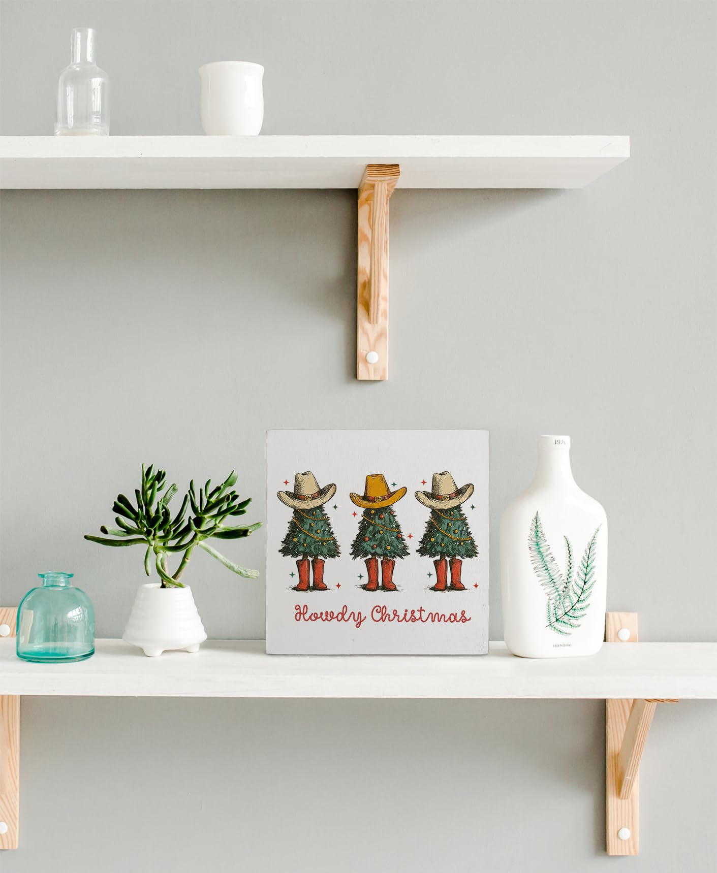 kunlisa Howdy Western Christmas Tree Wooden Sign, Christmas Cowboy Decor, Xmas Tree Southwestern Boots Holiday Wood Box Sign for