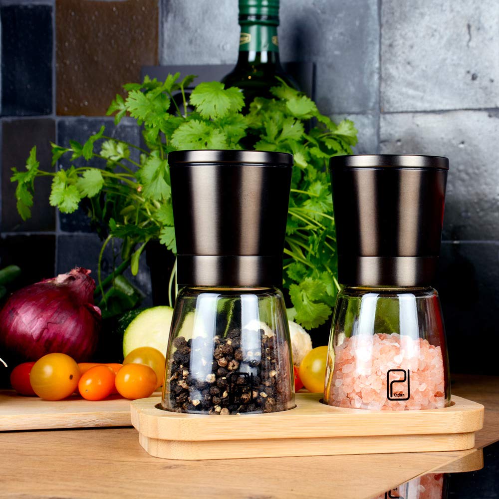 Premium Black Stainless Steel Salt And Pepper Grinder Set With Stand In Bamboo Wood - Gunmetal Salt And Pepper Shakers With Adju